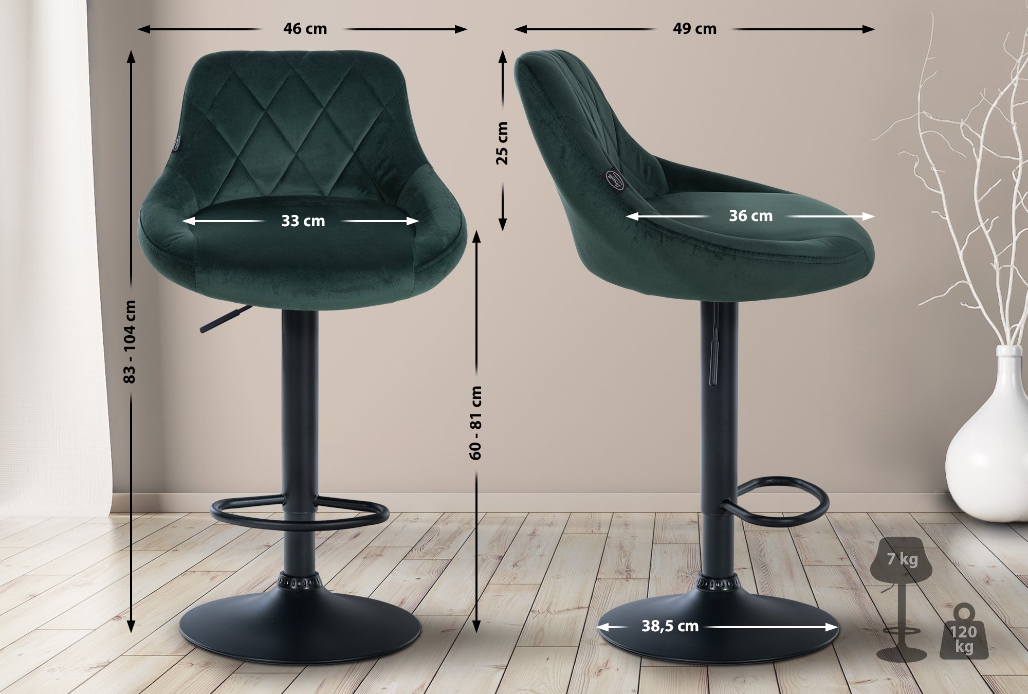 2er Set Barhocker Lazio Samt schwarz, dunkelgrün