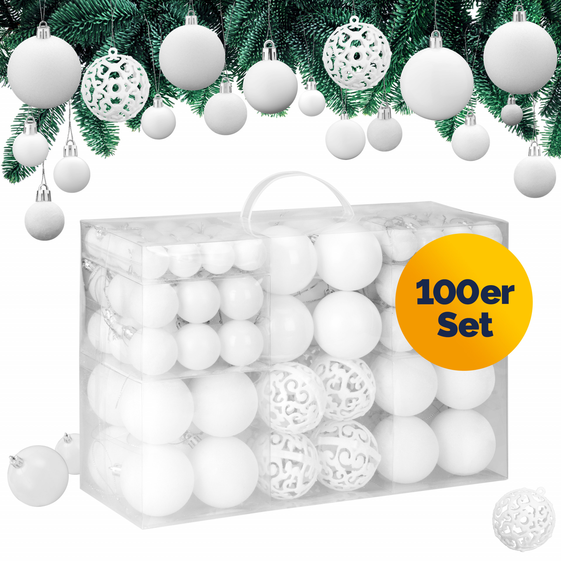 Weihnachtskugeln Weiß 100-tlg in matt, glänzend + glitzernd