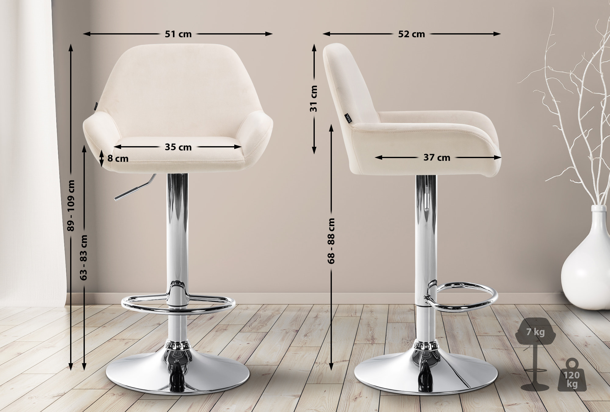 Barhocker Braga Samt chrom, creme