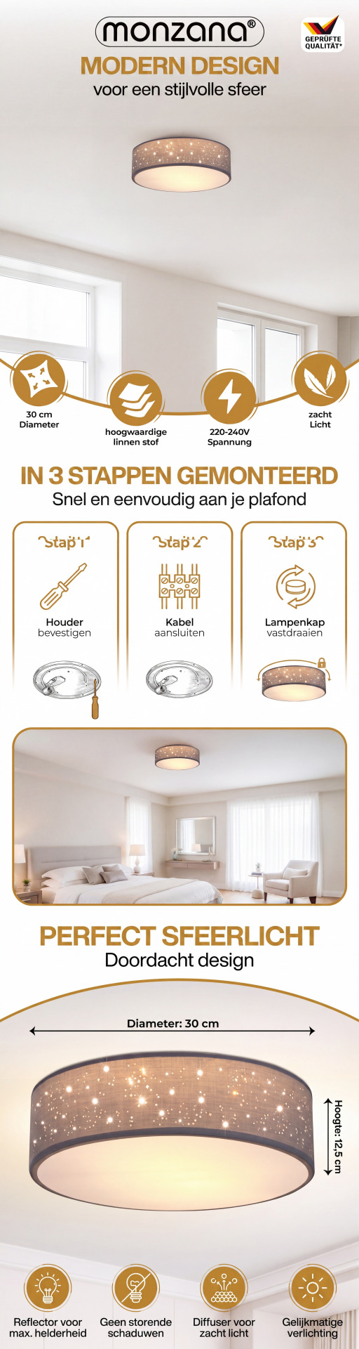 Deckenlampe Grau Stoff Ø30cm Sternenhimmel