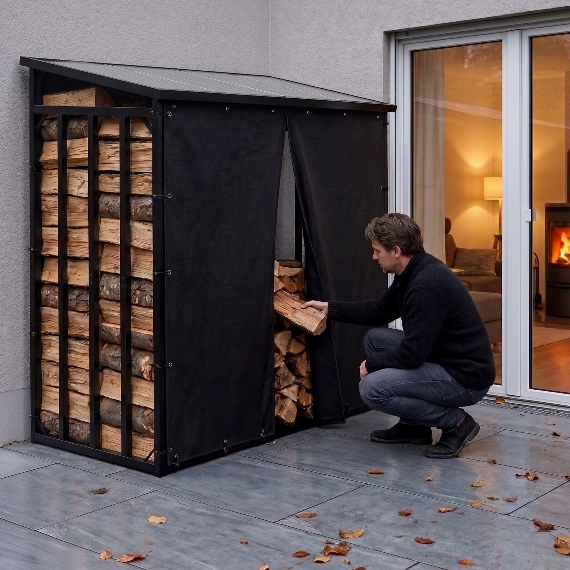 Kaminholzständer Desmond + Tasche Trondheim, schwarz
