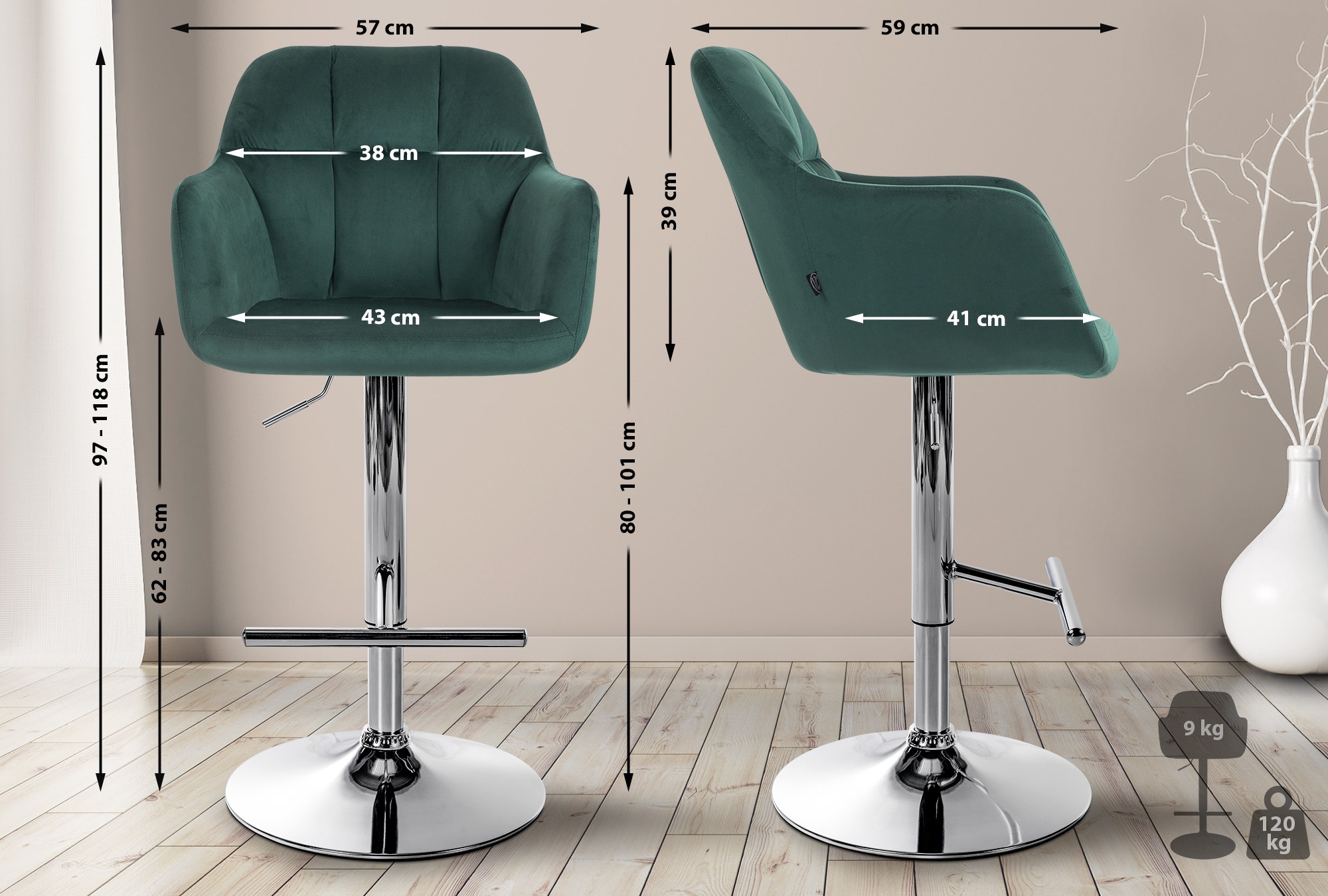 Barhocker Natoma Samt chrom, grün