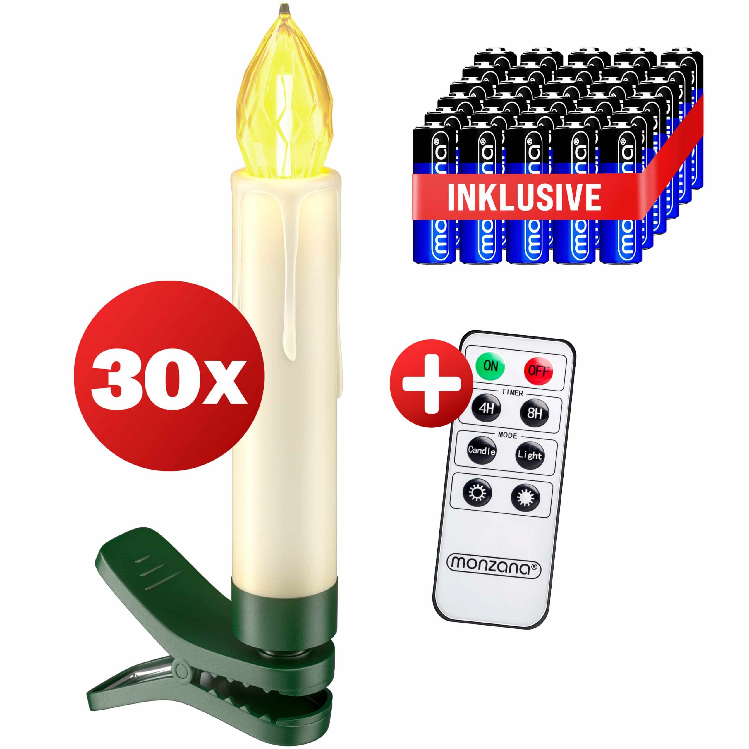 Kabellose Weihnachtsbaumkerzen LED 30er-Set Warmweiß mit Batterien + Fernbedienung