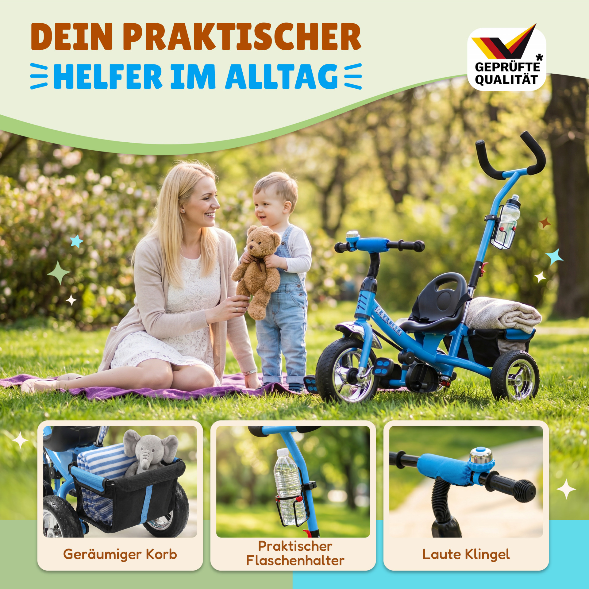 Kinderdreirad Raceline Blau Metall Schiebestange