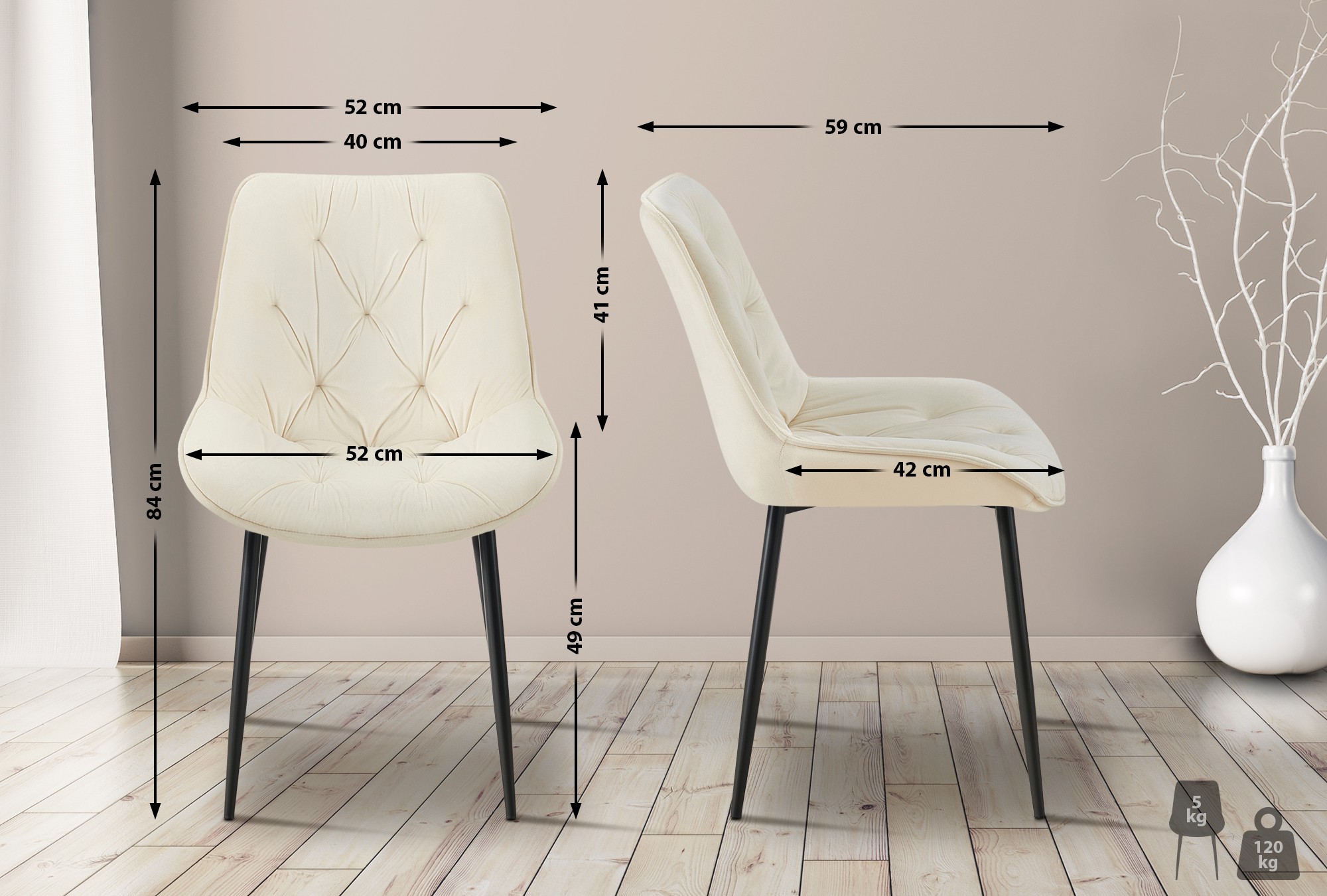 2er Set Esszimmerstuhl Wallace Samt, creme