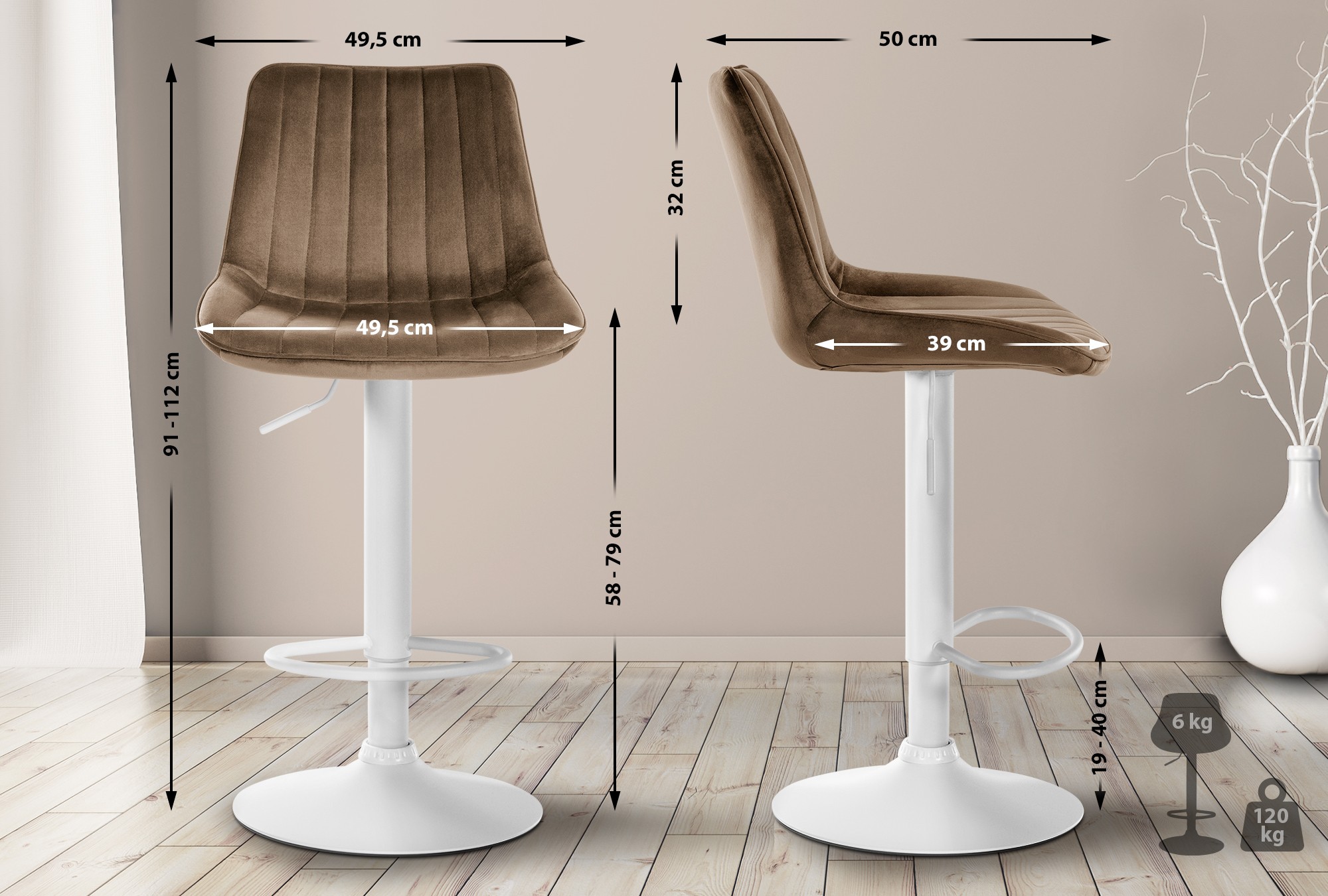 Barhocker Toni Samt weiß, braun