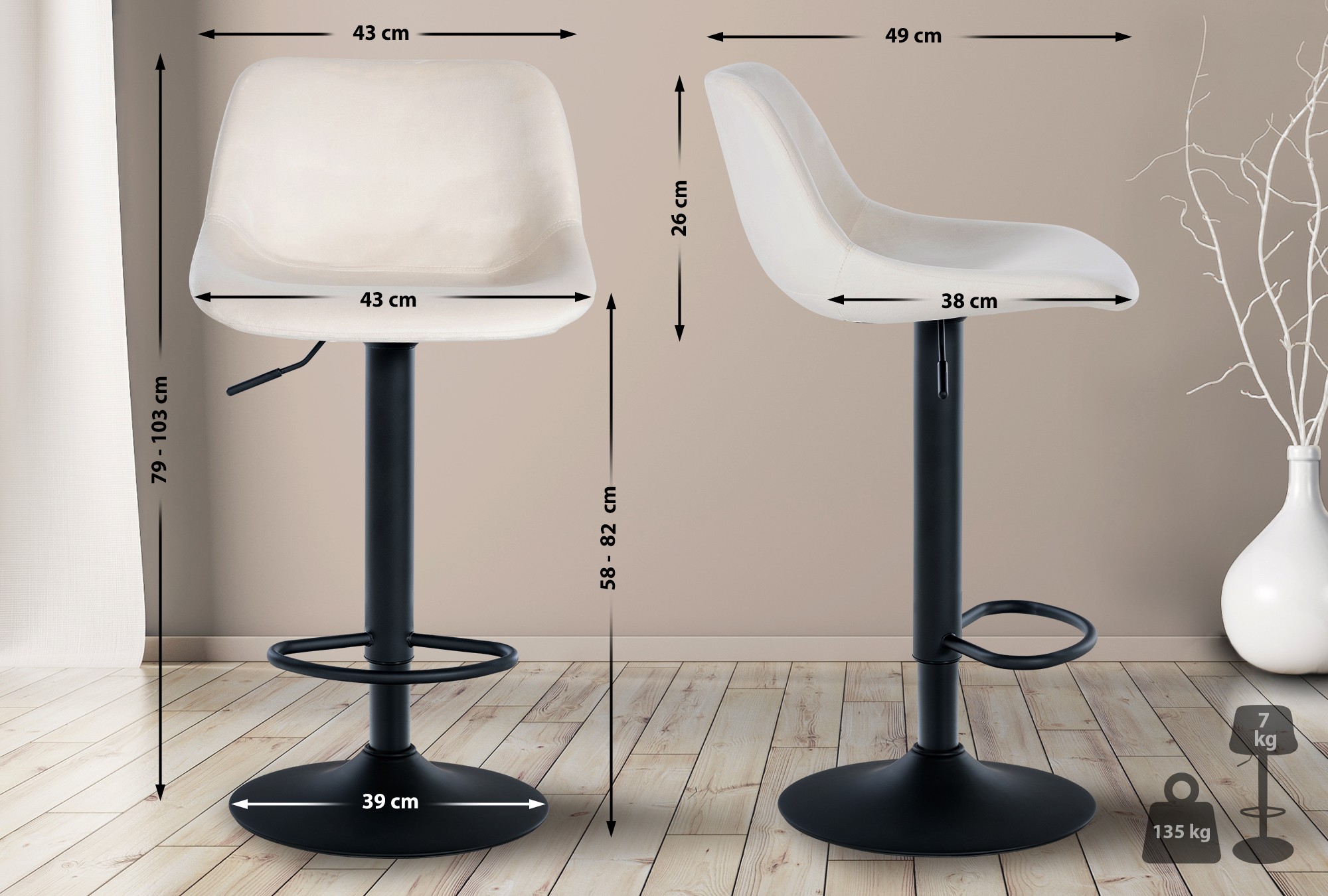 2er Set Barhocker Loft Samt, creme