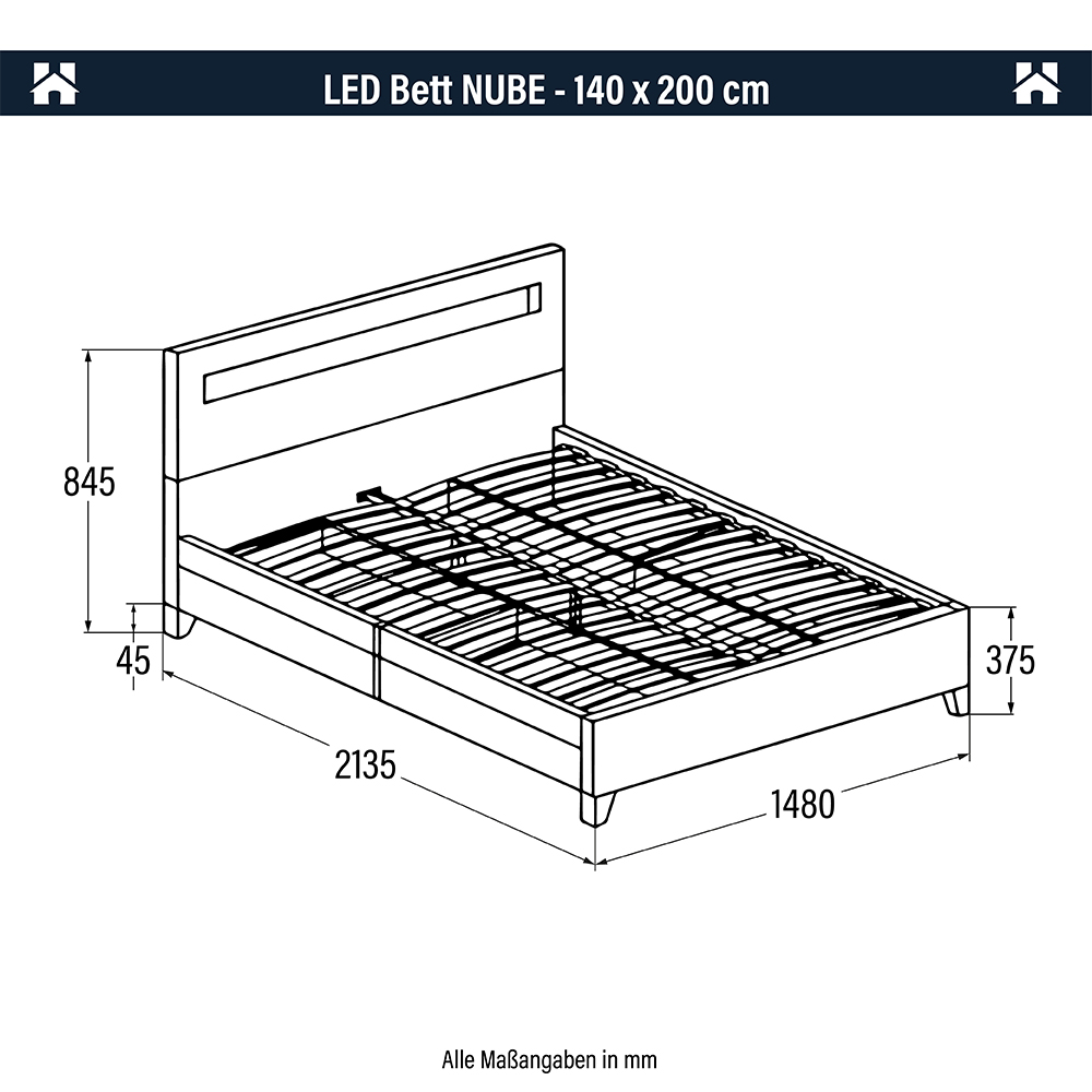 LED Bett mit Schubladen und Matratze NUBE - 140 x 200 cm Dunkelgrau