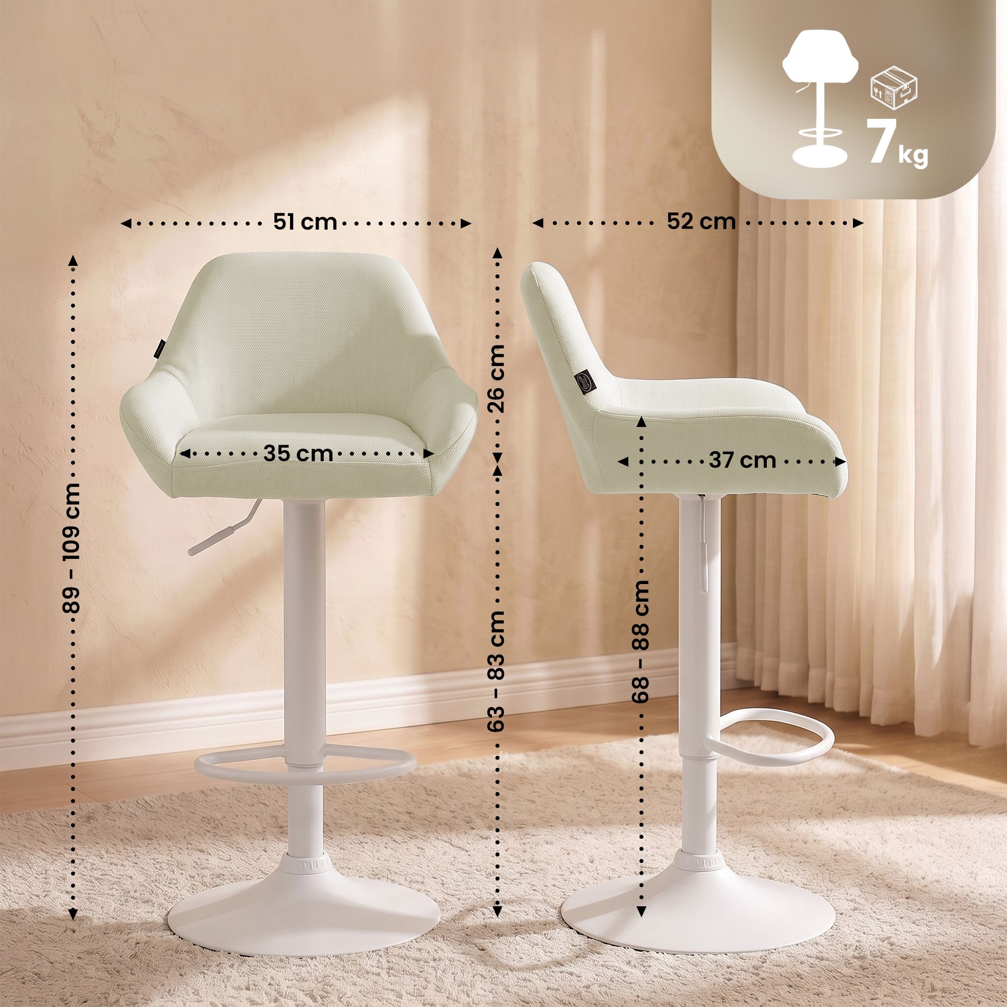 2er Set Barhocker Braga Stoff weiß, creme