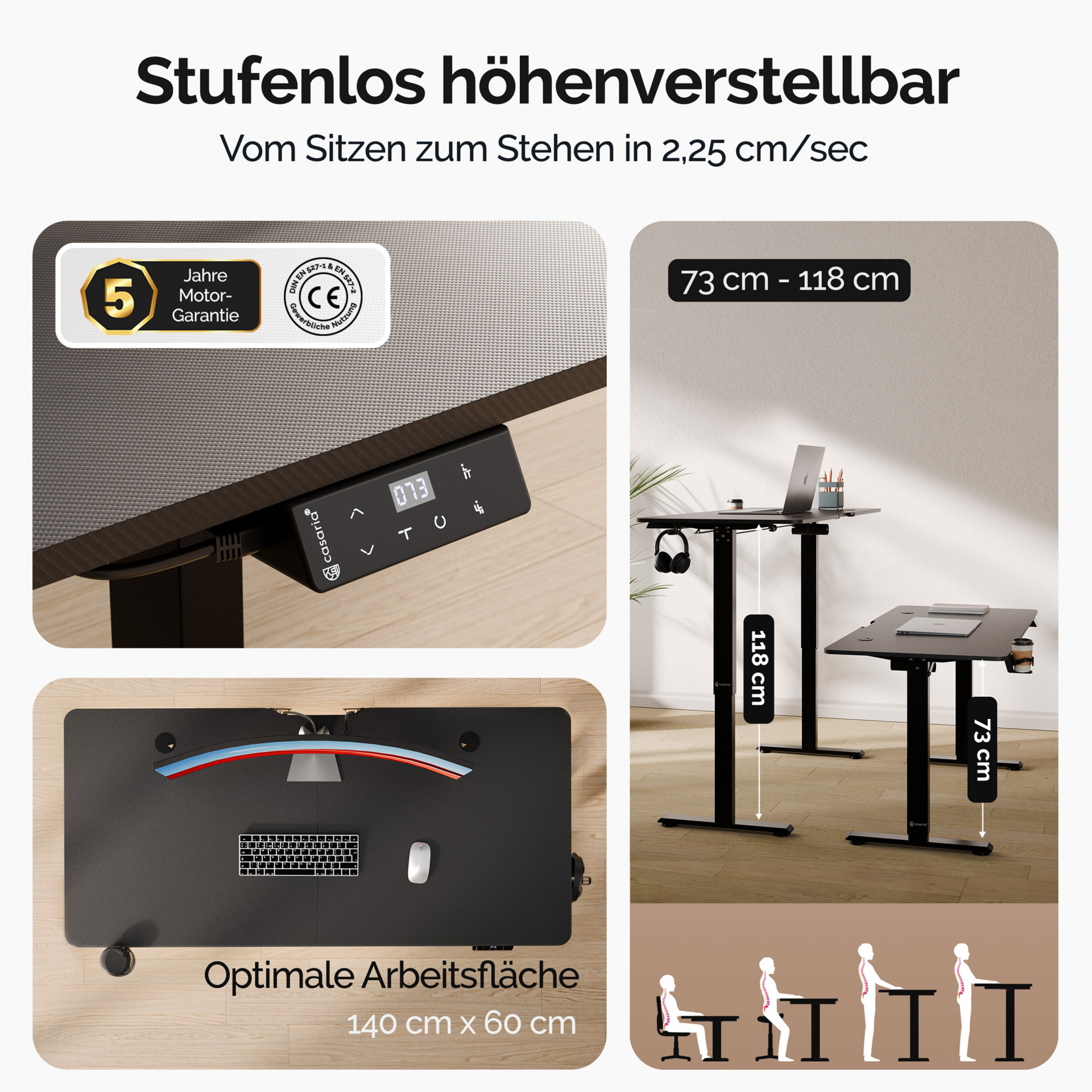 Höhenverstellbarer Schreibtisch Schwarz 140x60x73-118cm