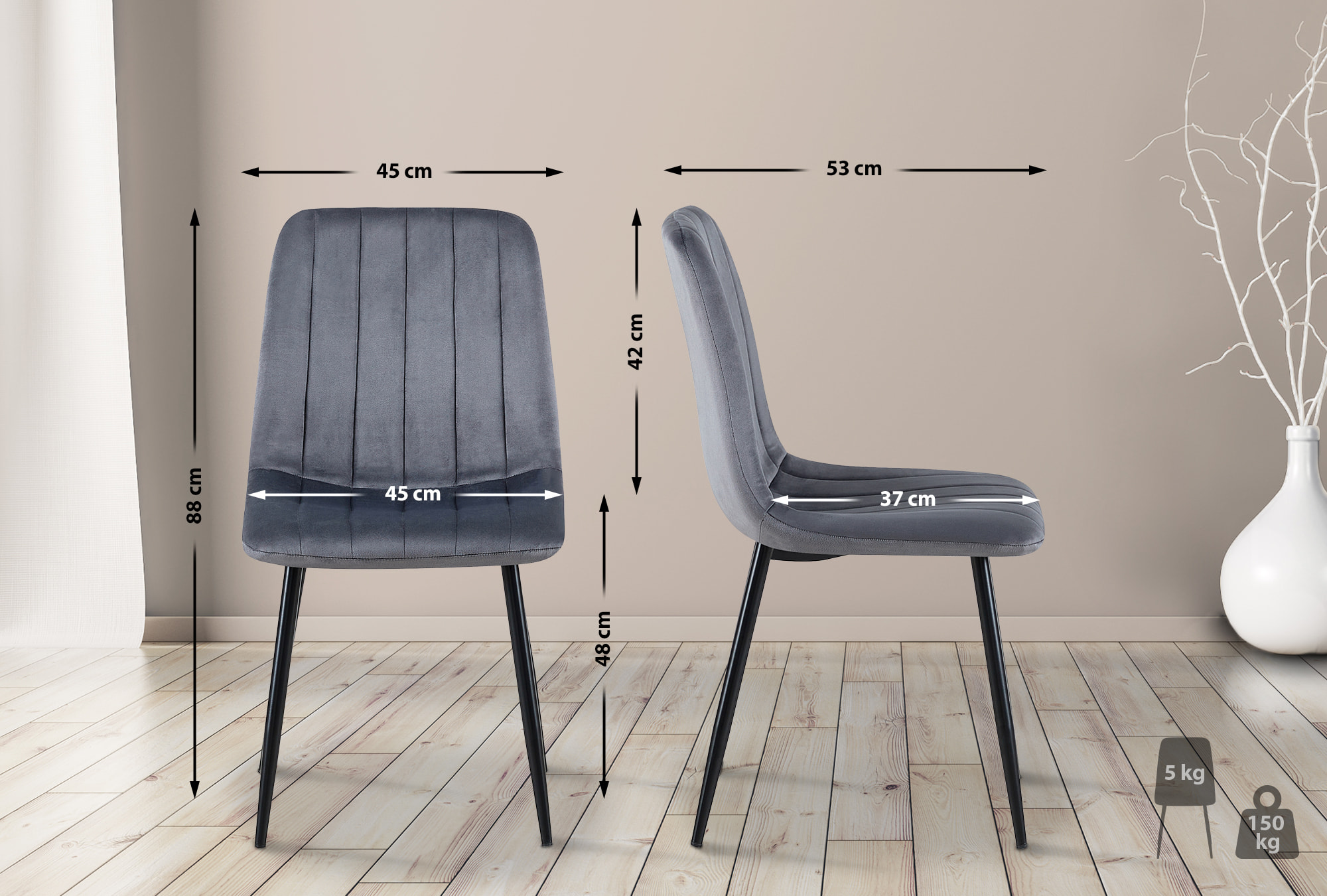 4er Set Stühle Dijon Samt, dunkelgrau