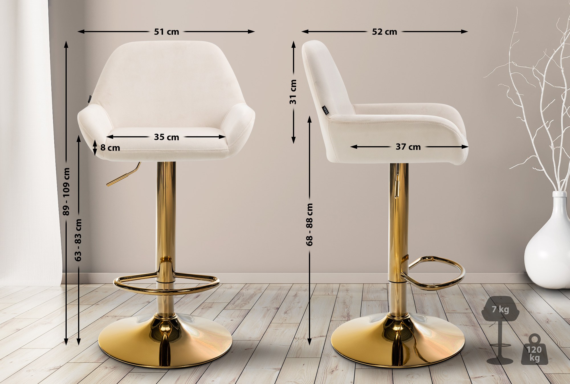 2er Set Barhocker Braga Gold Samt, creme
