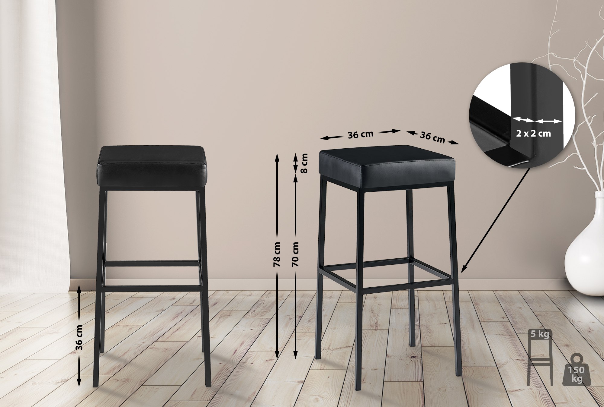 2er Set Barhocker Montreal 80 Kunstleder schwarz, schwarz