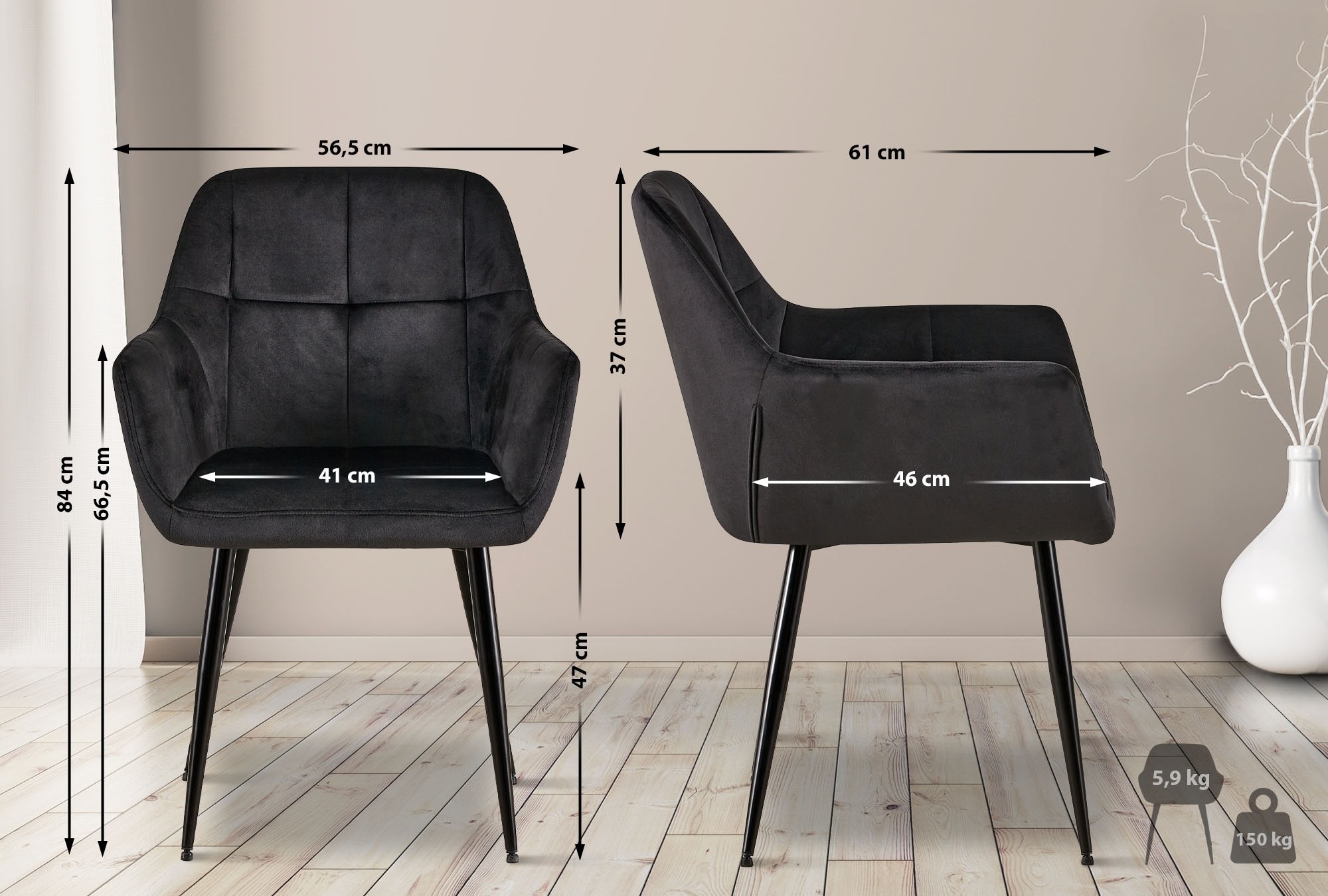 2er Set Esszimmerstuhl Emia Samt, schwarz