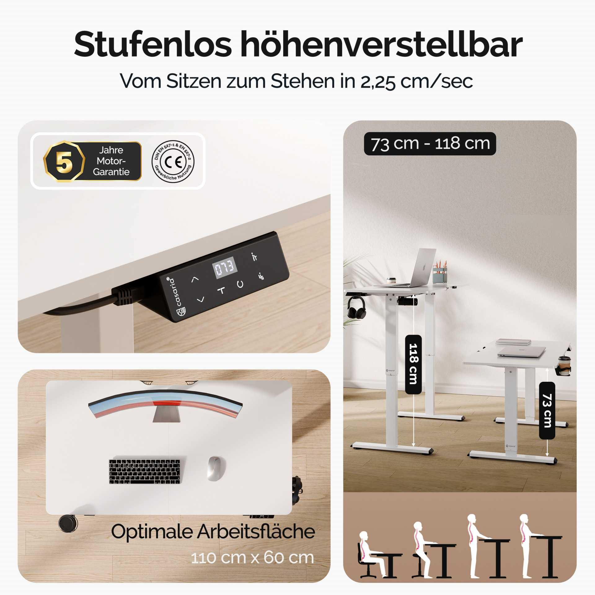Höhenverstellbarer Schreibtisch Weiß 110x60x73-118cm
