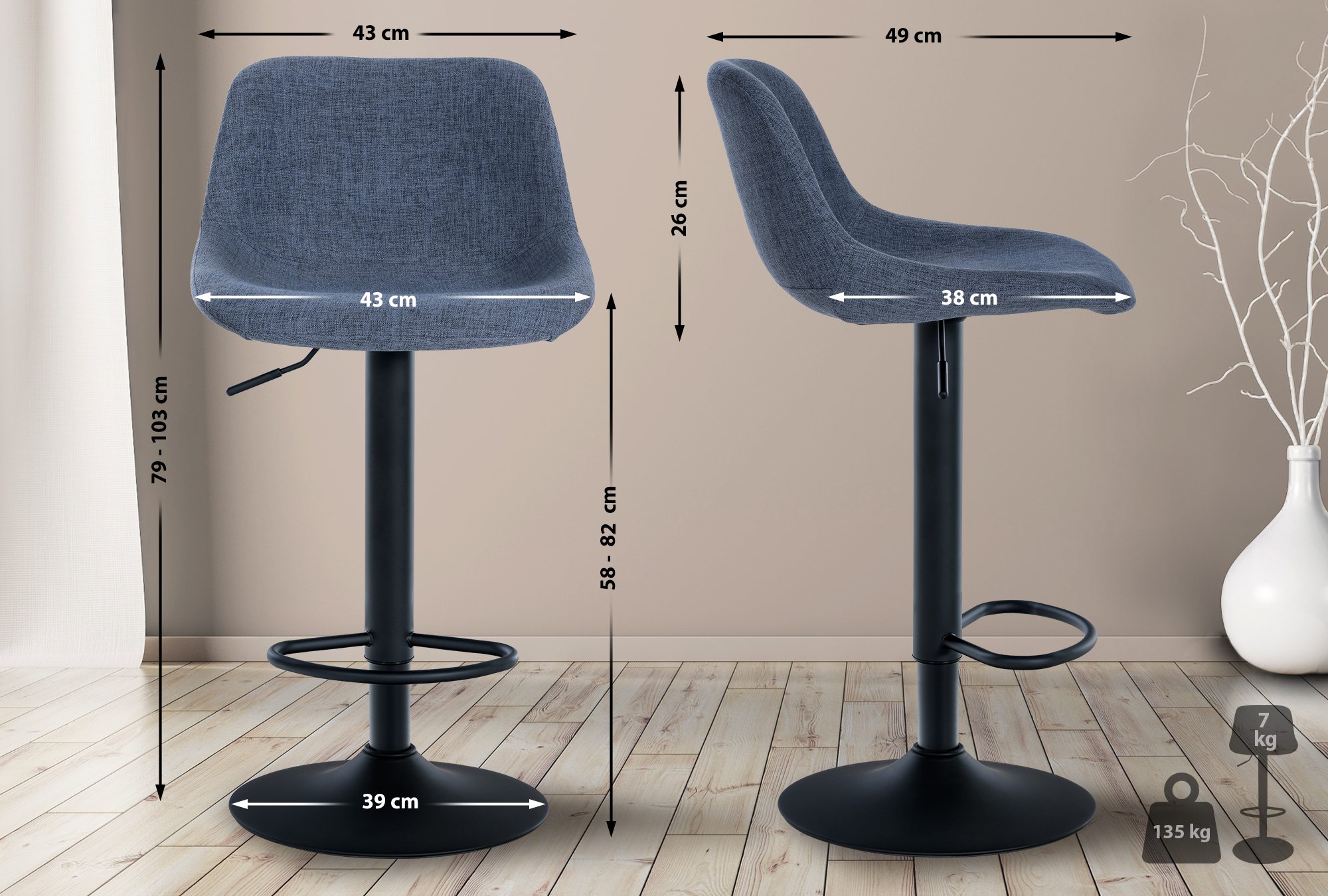 2er Set Barhocker Loft Stoff, blau