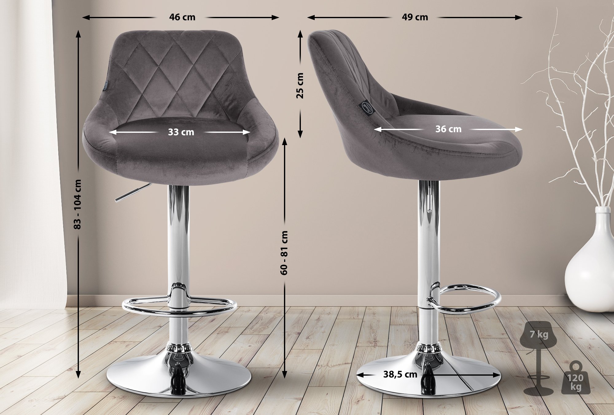 2er Set Barhocker Lazio Samt chrom, grau