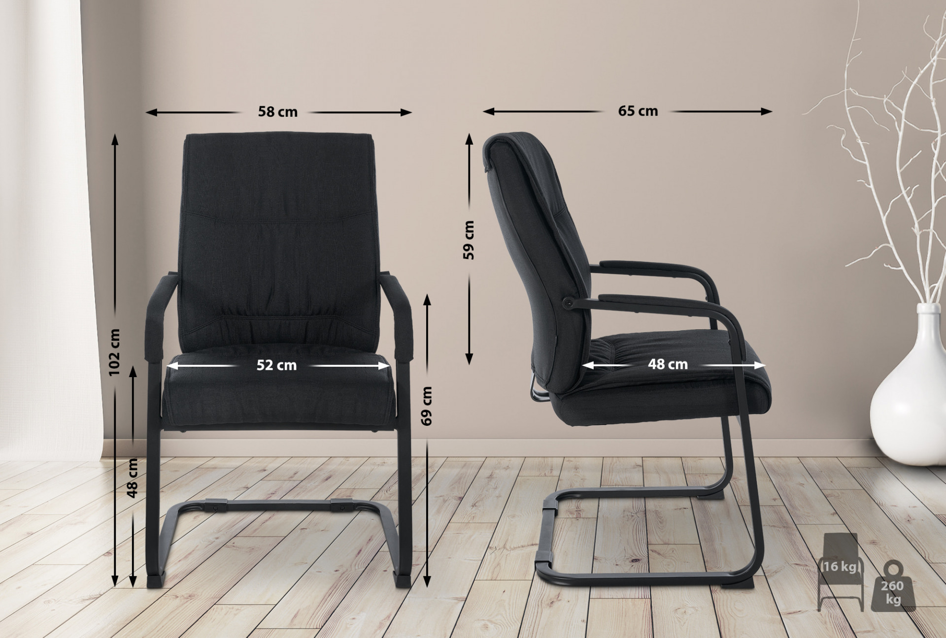 XL Besucherstuhl Anubis Stoff, schwarz/schwarz