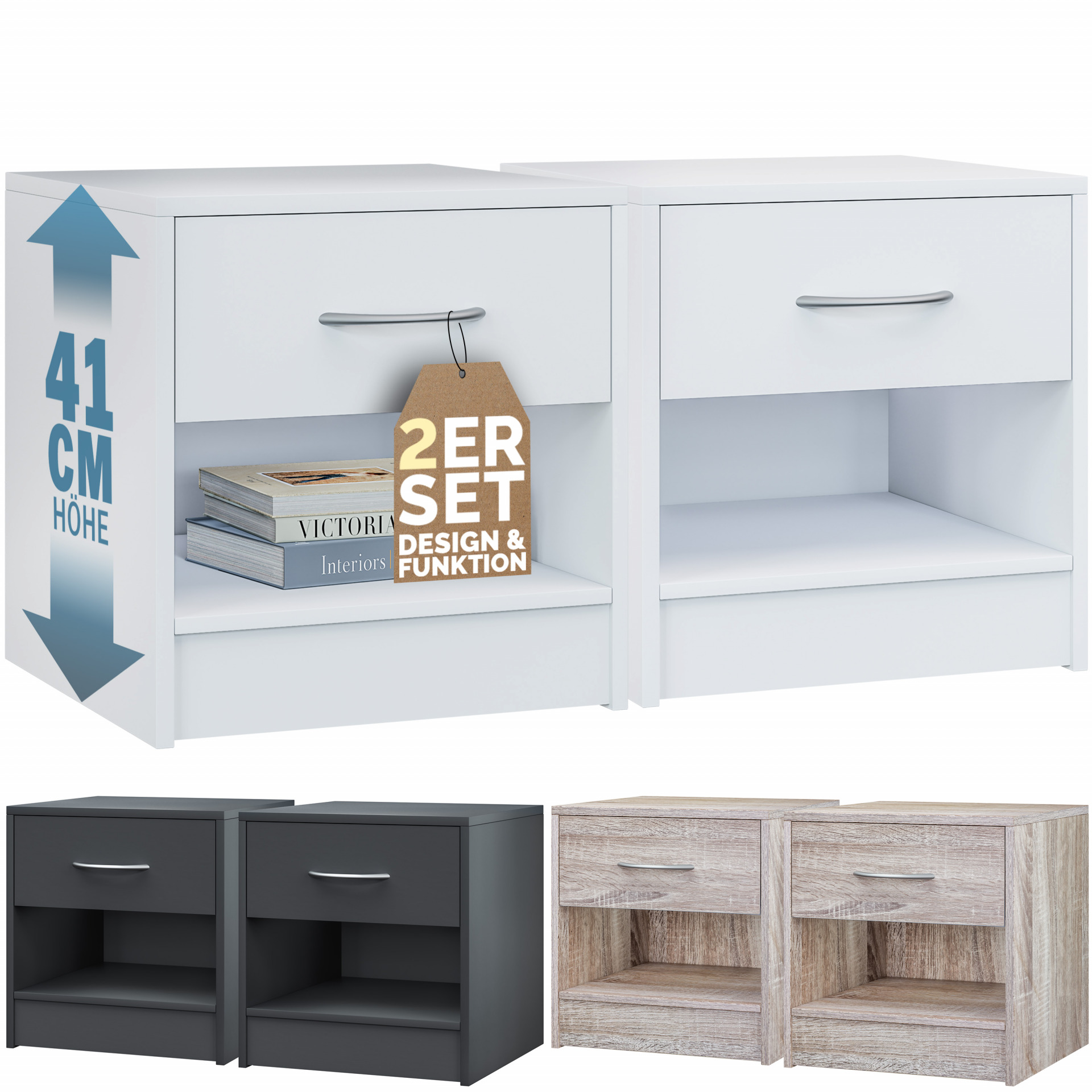 Nachttisch Kiel 2er-Set Weiß 41x39x28cm