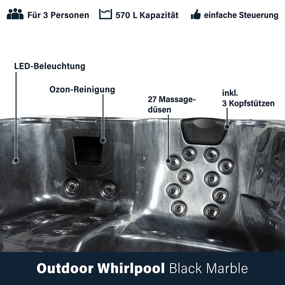 Outdoor Whirlpool BLACK MARBLE - Mit Treppe und Thermoabdeckung