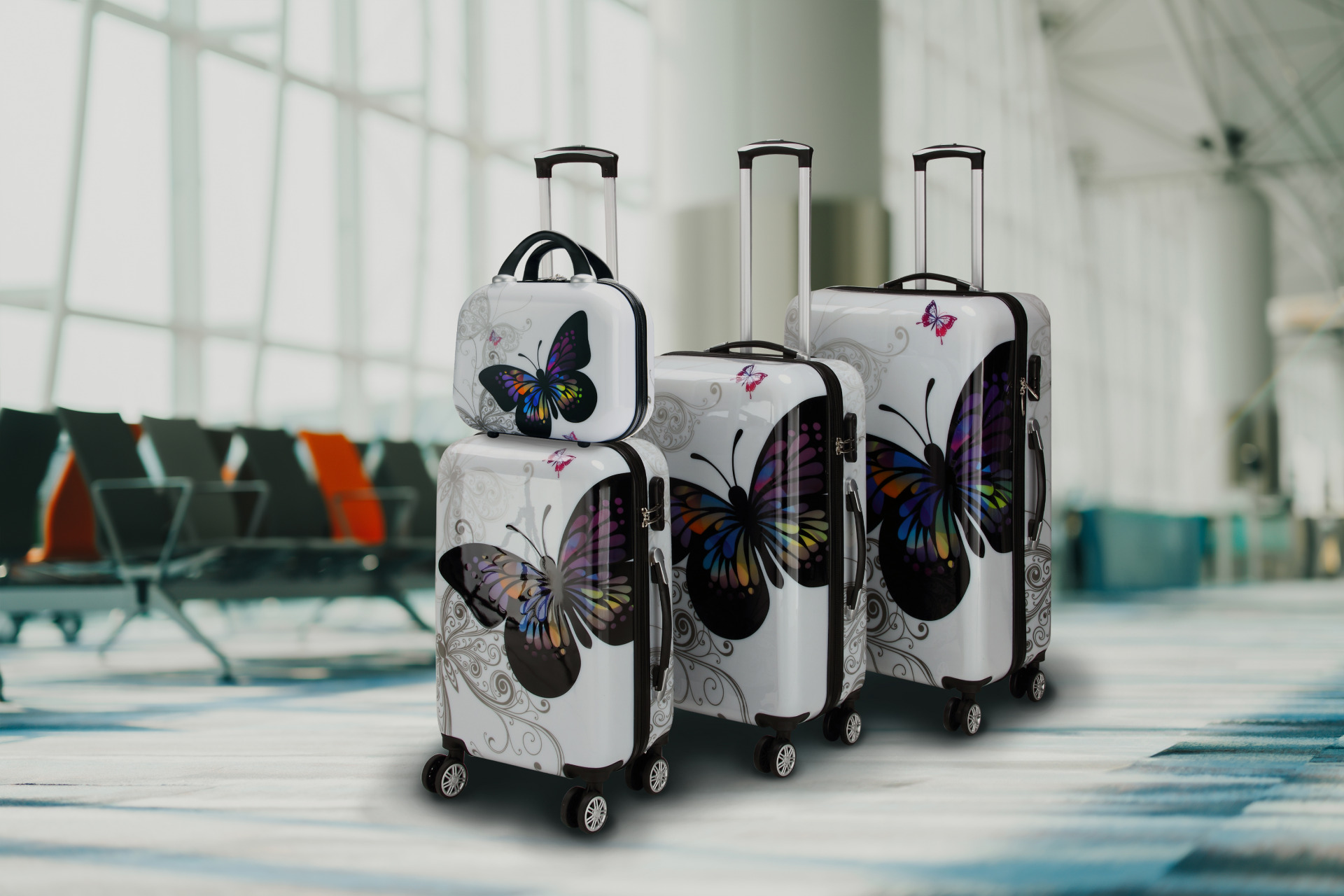 Hartschalenkoffer Set 4-tlg Rollen 360º Beautycase Butterfly Polycarbonat