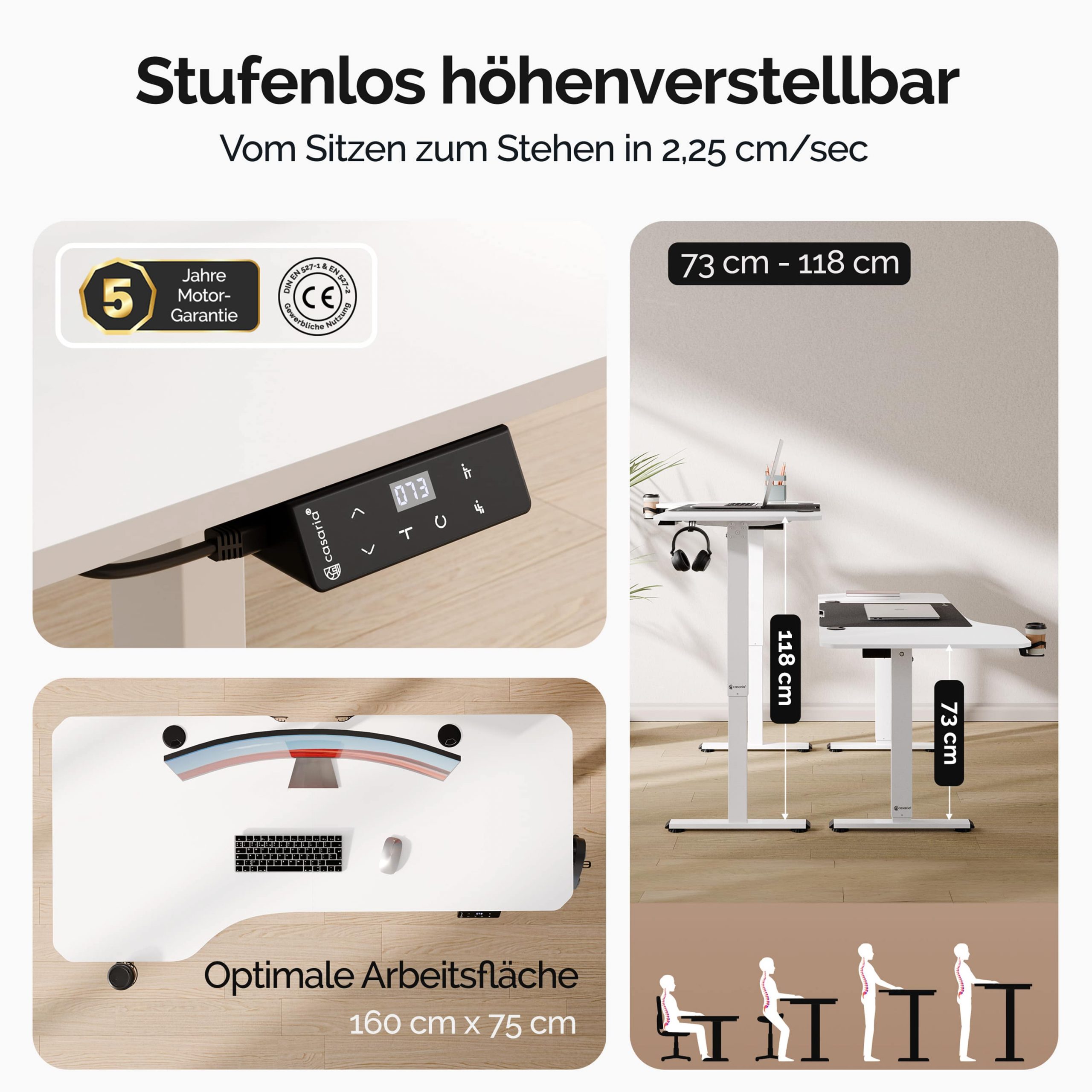 Höhenverstellbarer Schreibtisch Weiß 160x75x73-118cm