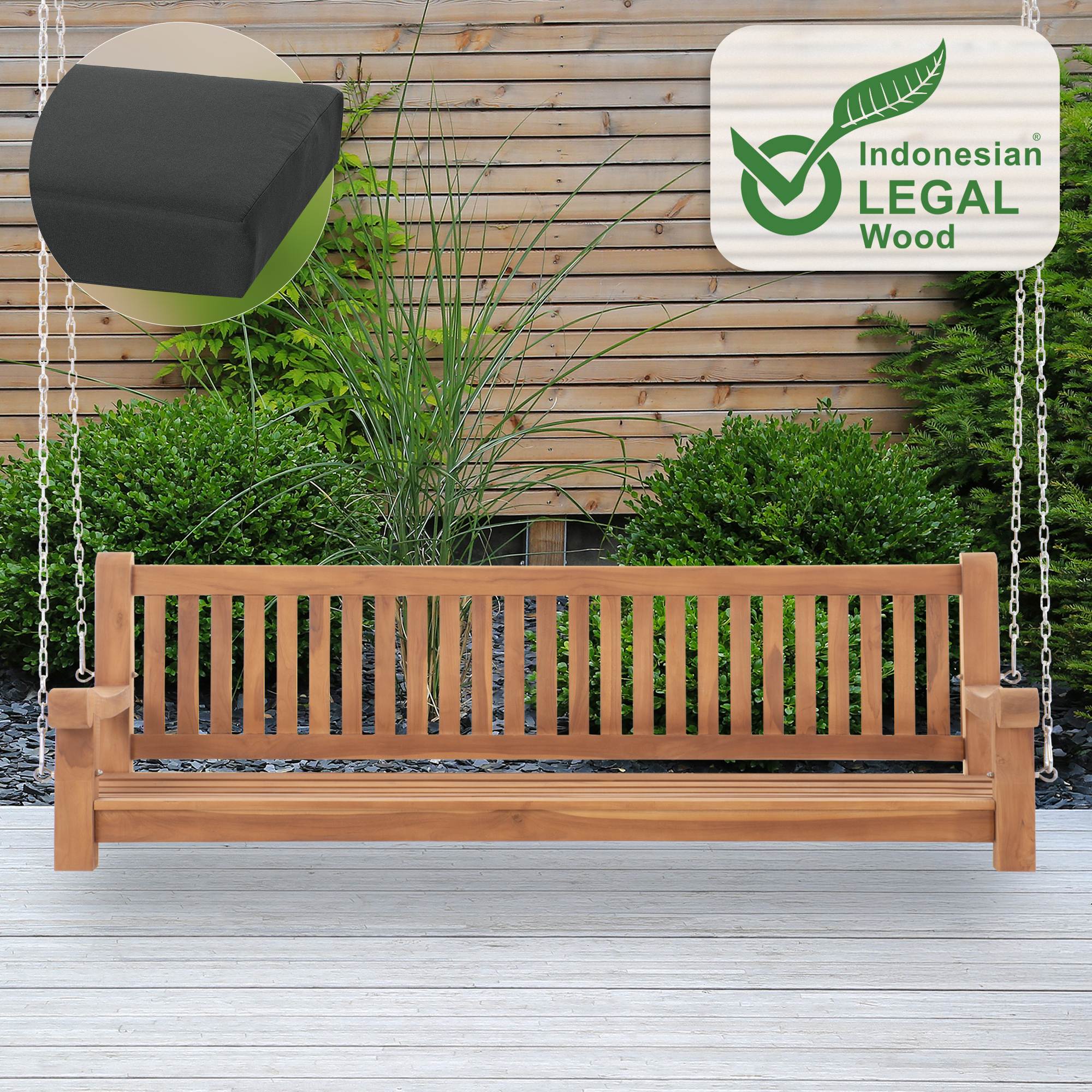 Schaukelbank Joyce mit Sitzkissen 200 cm + teak, dunkelgrau