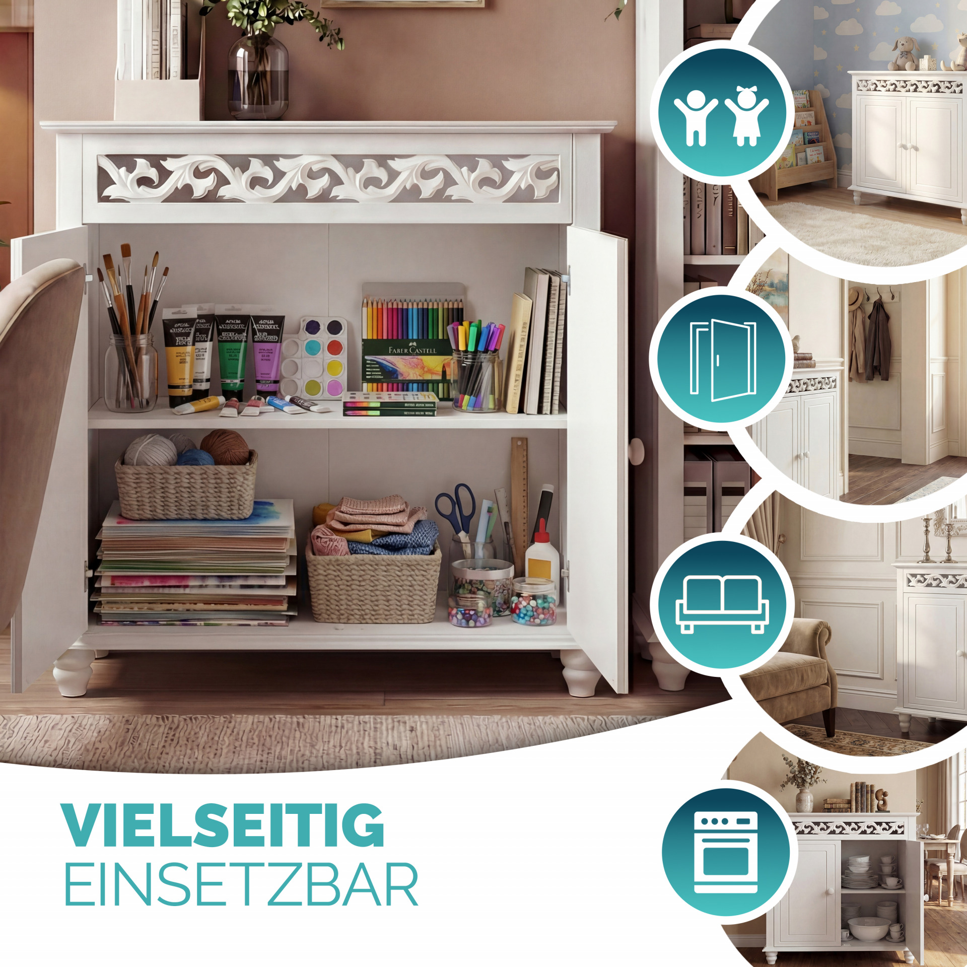 Kommode Schlafzimmer Landhaus Weiß mit Einlegeboden 2 Türen 76x65x35cm