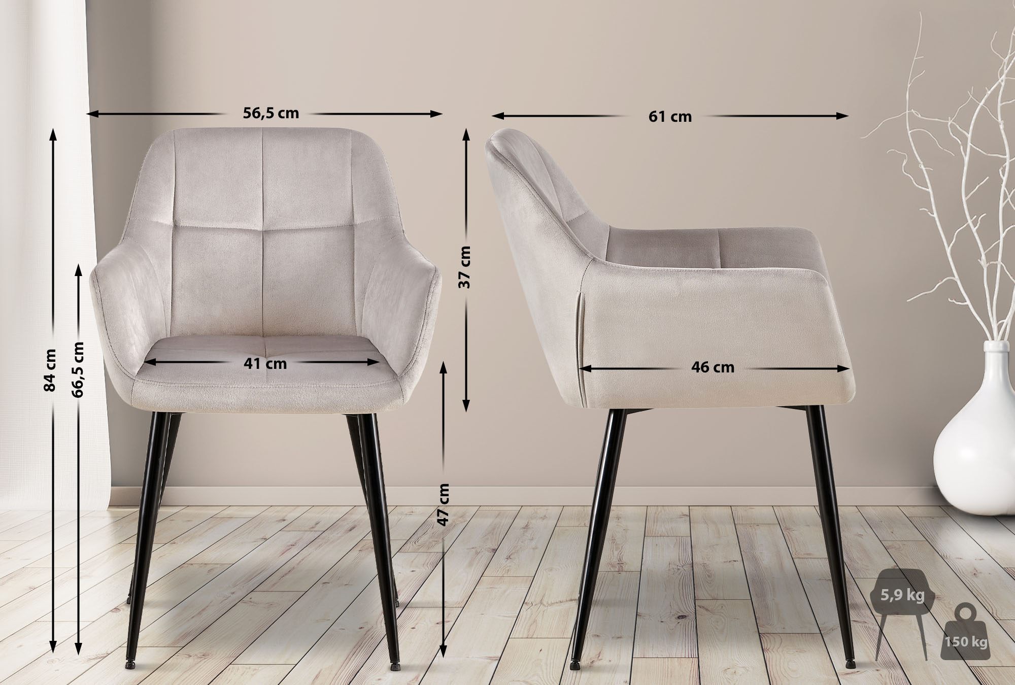2er Set Esszimmerstuhl Emia Samt, hellgrau