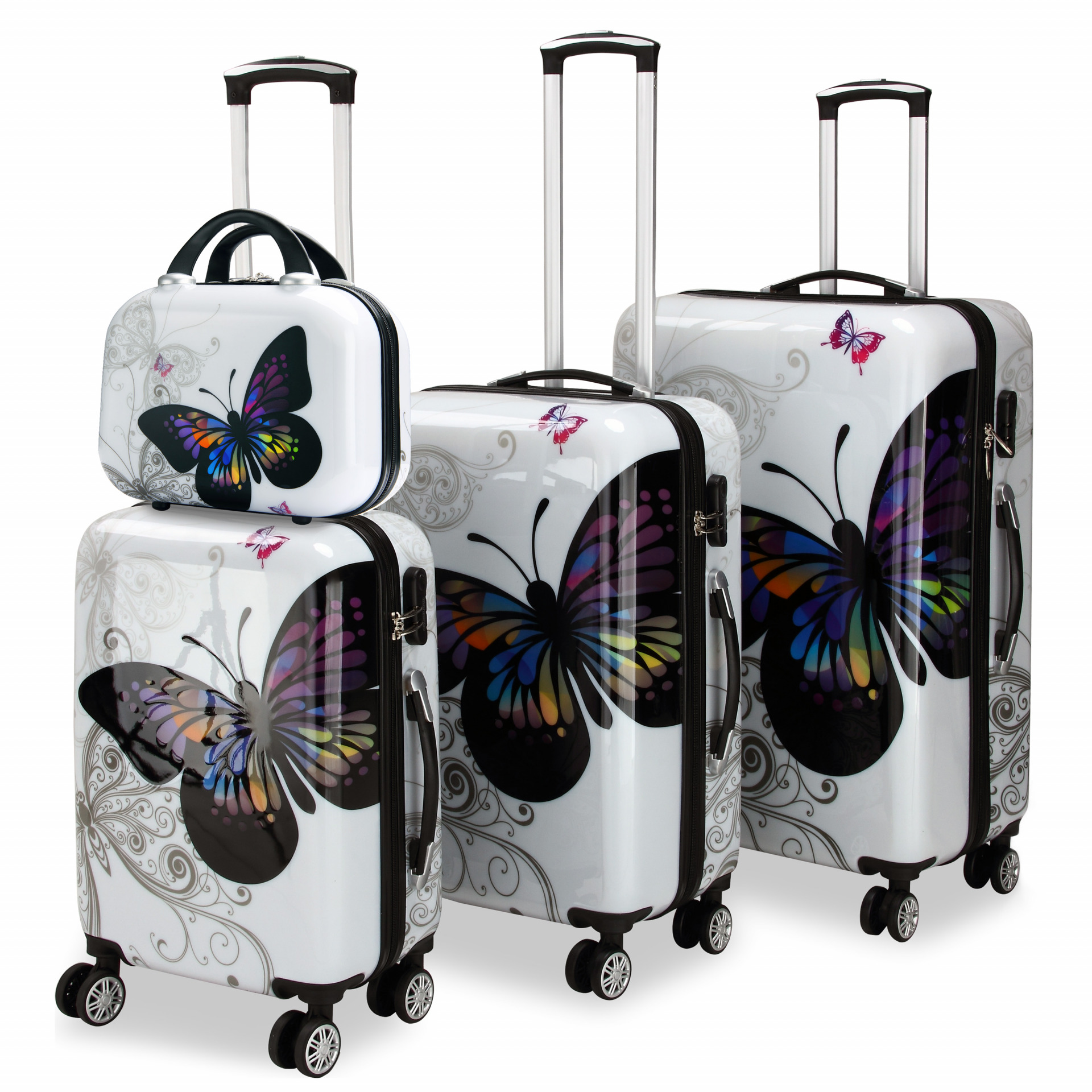 Hartschalenkoffer Set 4-tlg Rollen 360º Beautycase Butterfly Polycarbonat