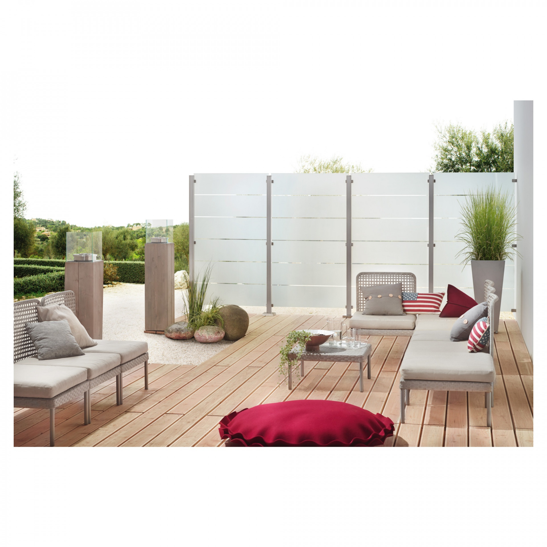 VETRO Glasscheibe ECKE links, B 1200 x H 1200/1800 mm, Streifen-Dekor 82, satiniert