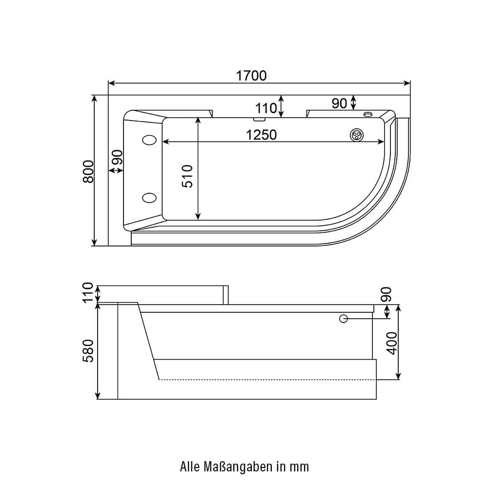 Whirlpool Badewanne mit Lichttherapie CARICA - 170 x 80 cm Rechts