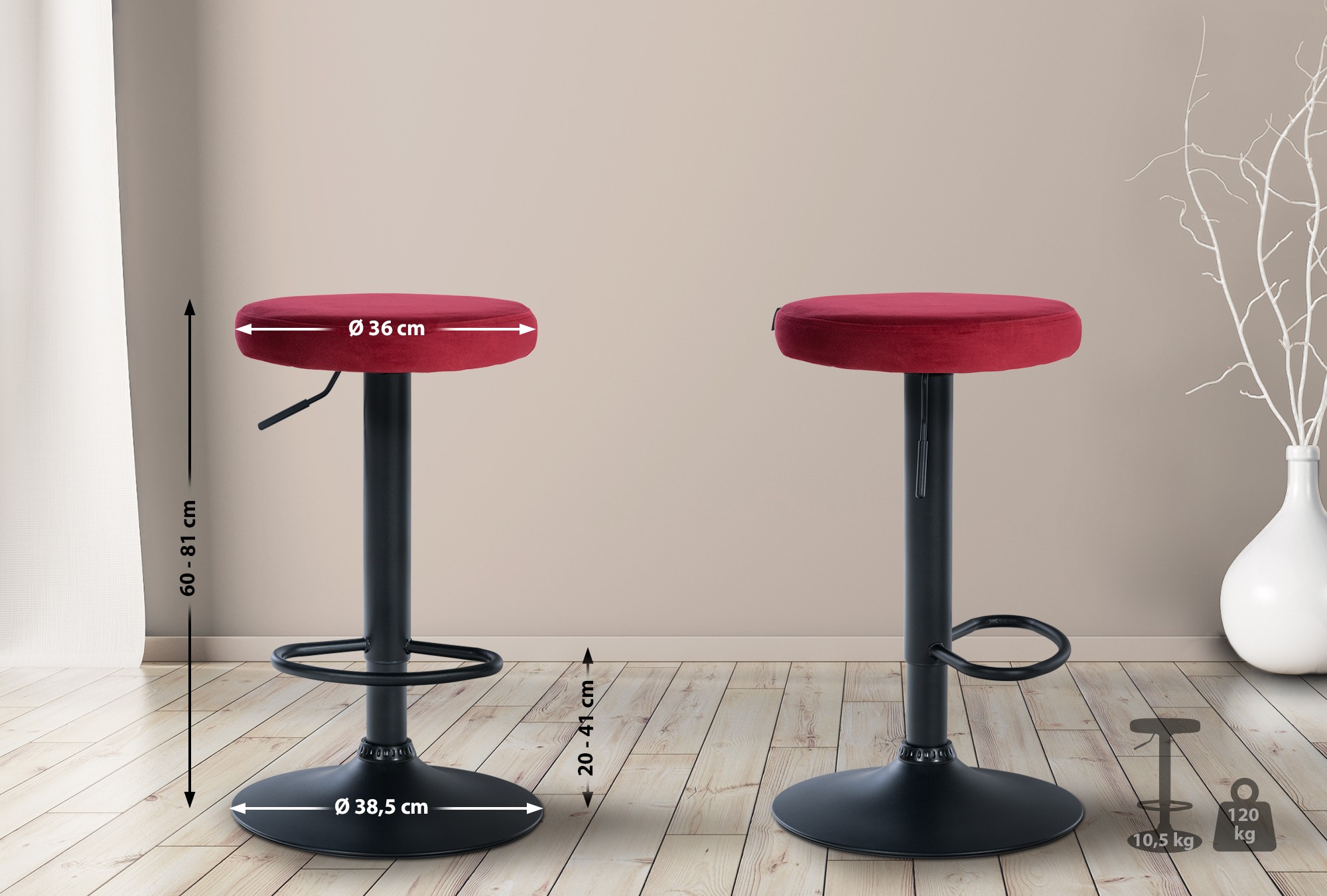 2er Set Barhocker Ponte Samt schwarz, rot