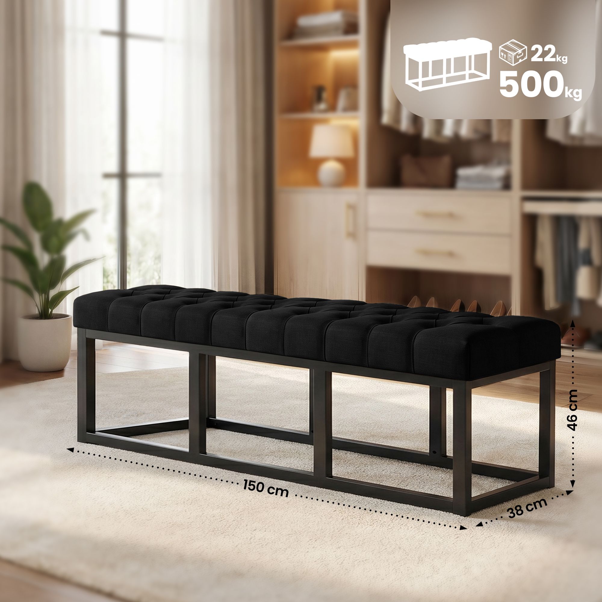 Sitzbank Amun Stoff Schwarz 150 cm, schwarz