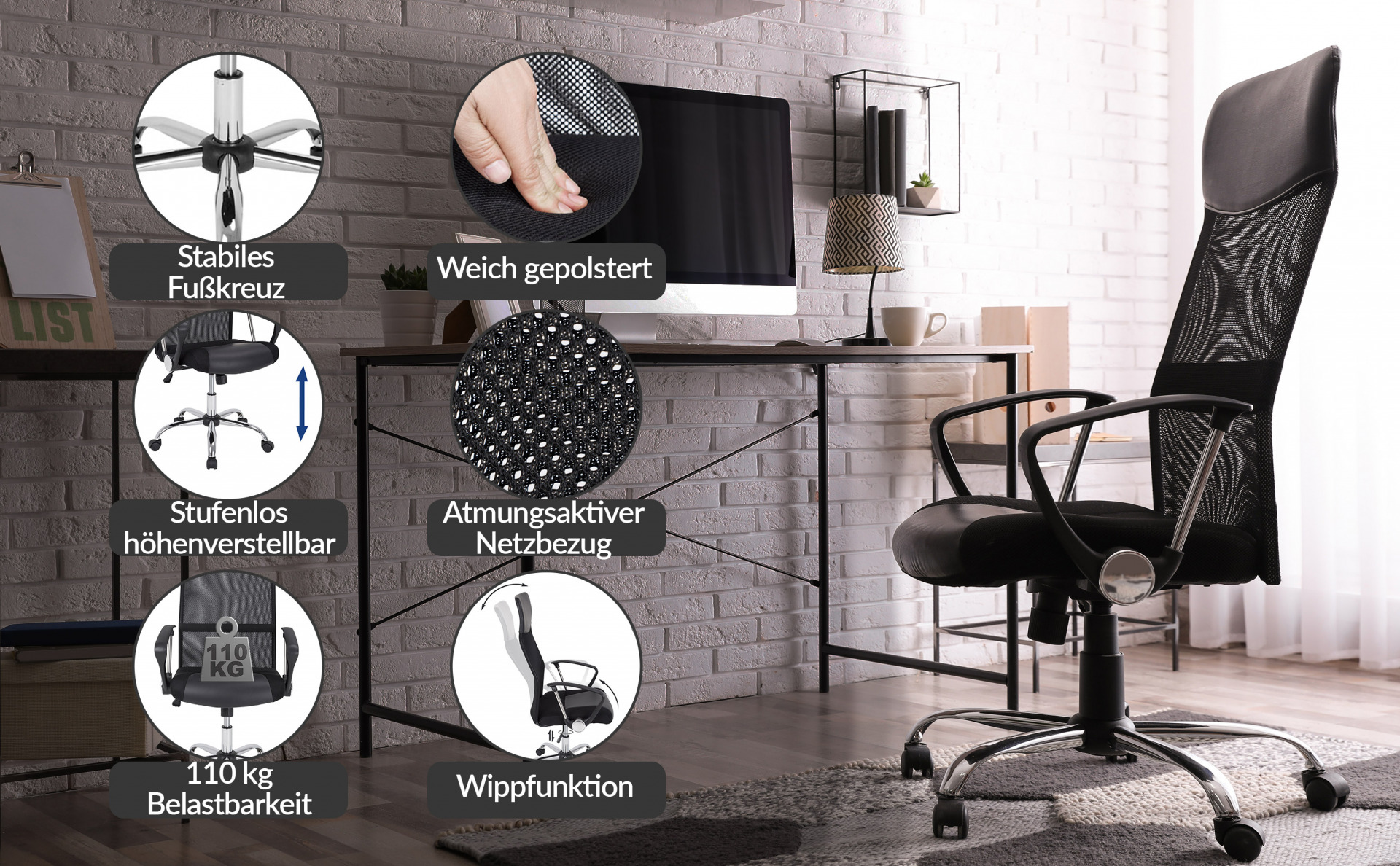 Bürostuhl Deluxe Schwarz mit Netz