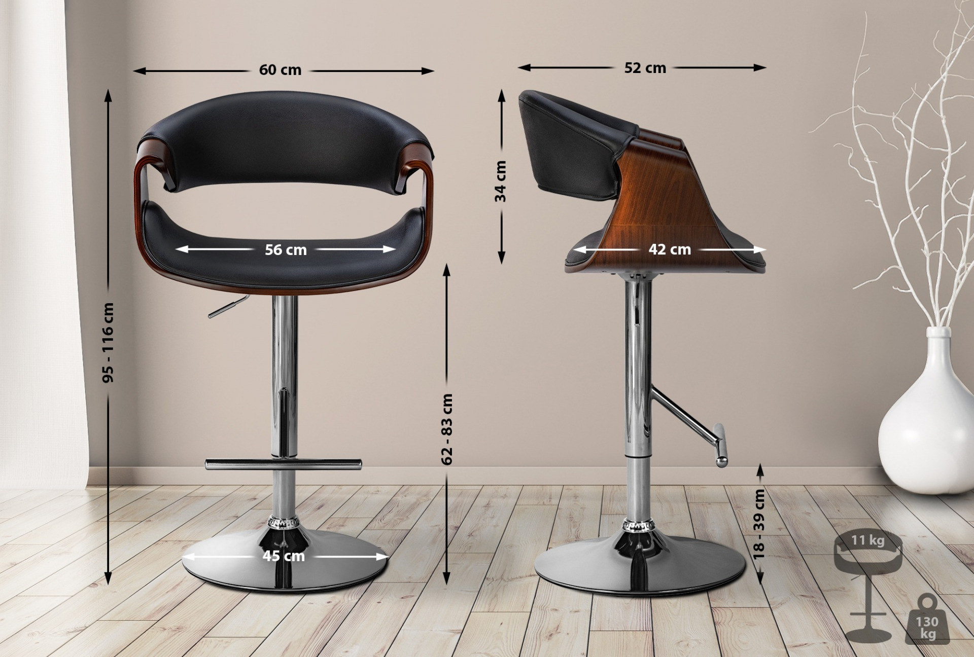 2er Set Barhocker Foley Kunstleder, walnuss/schwarz