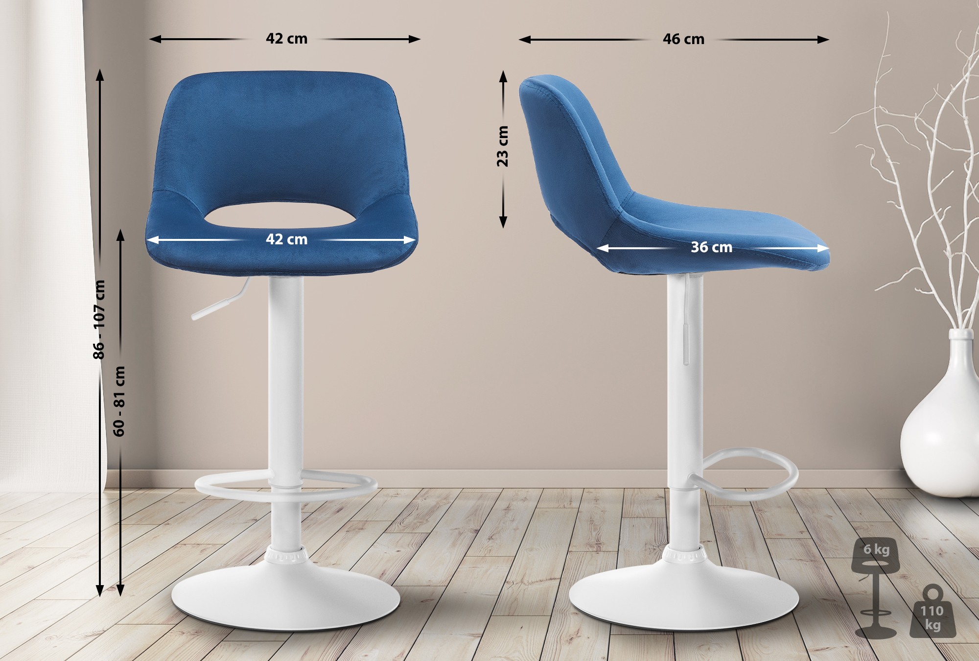 Barhocker Camden Samt weiß, blau