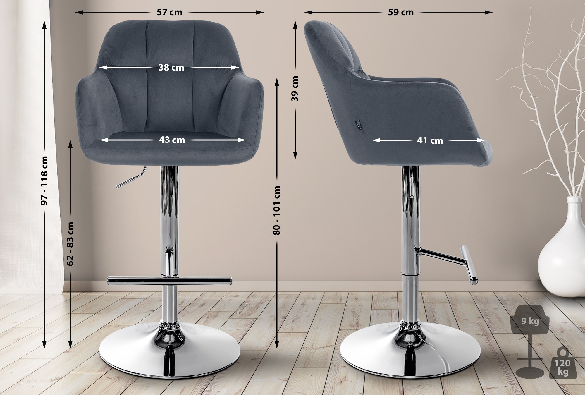 Barhocker Natoma Samt chrom, dunkelgrau