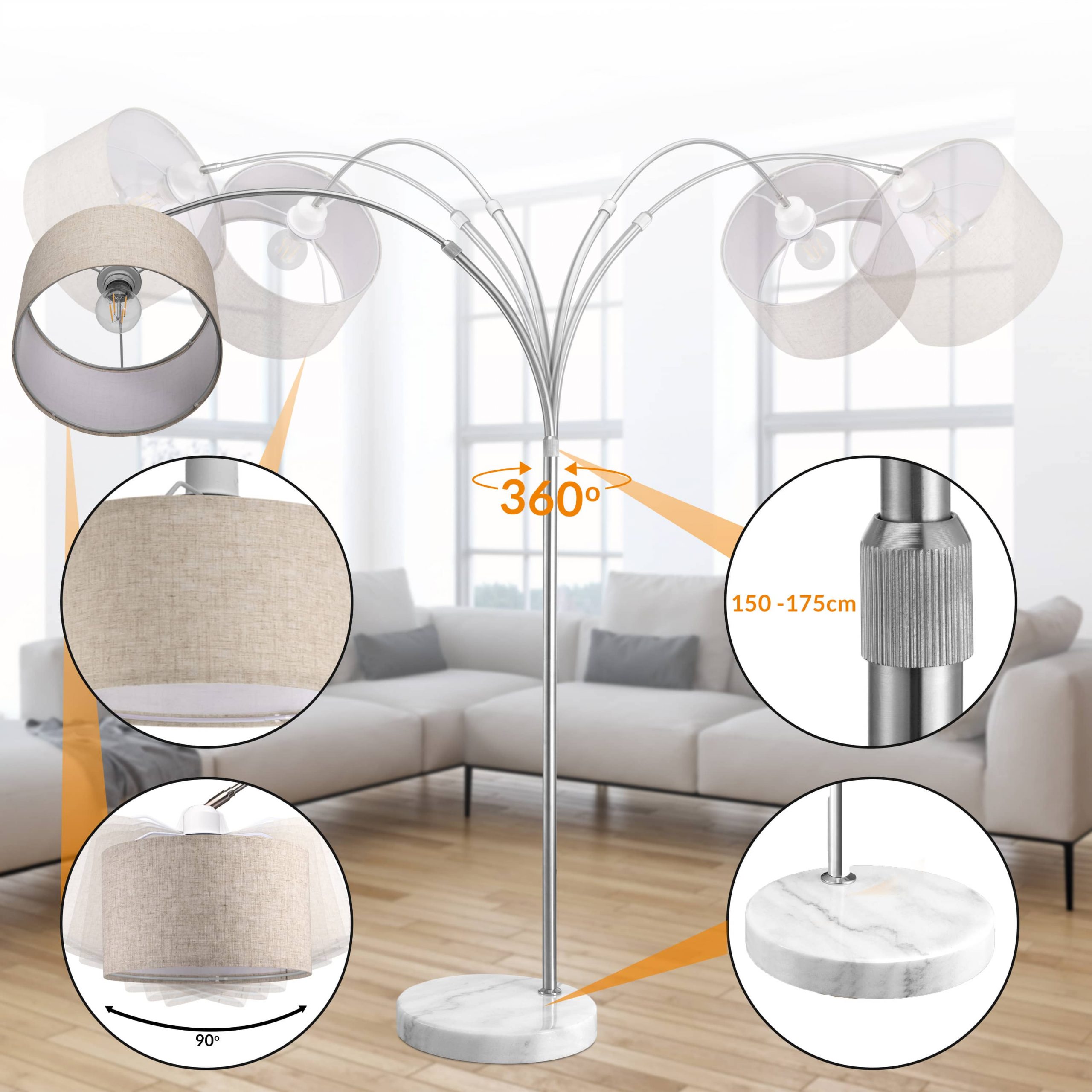 Design Bogenlampe Grau Leinen 150-175cm verstellbar