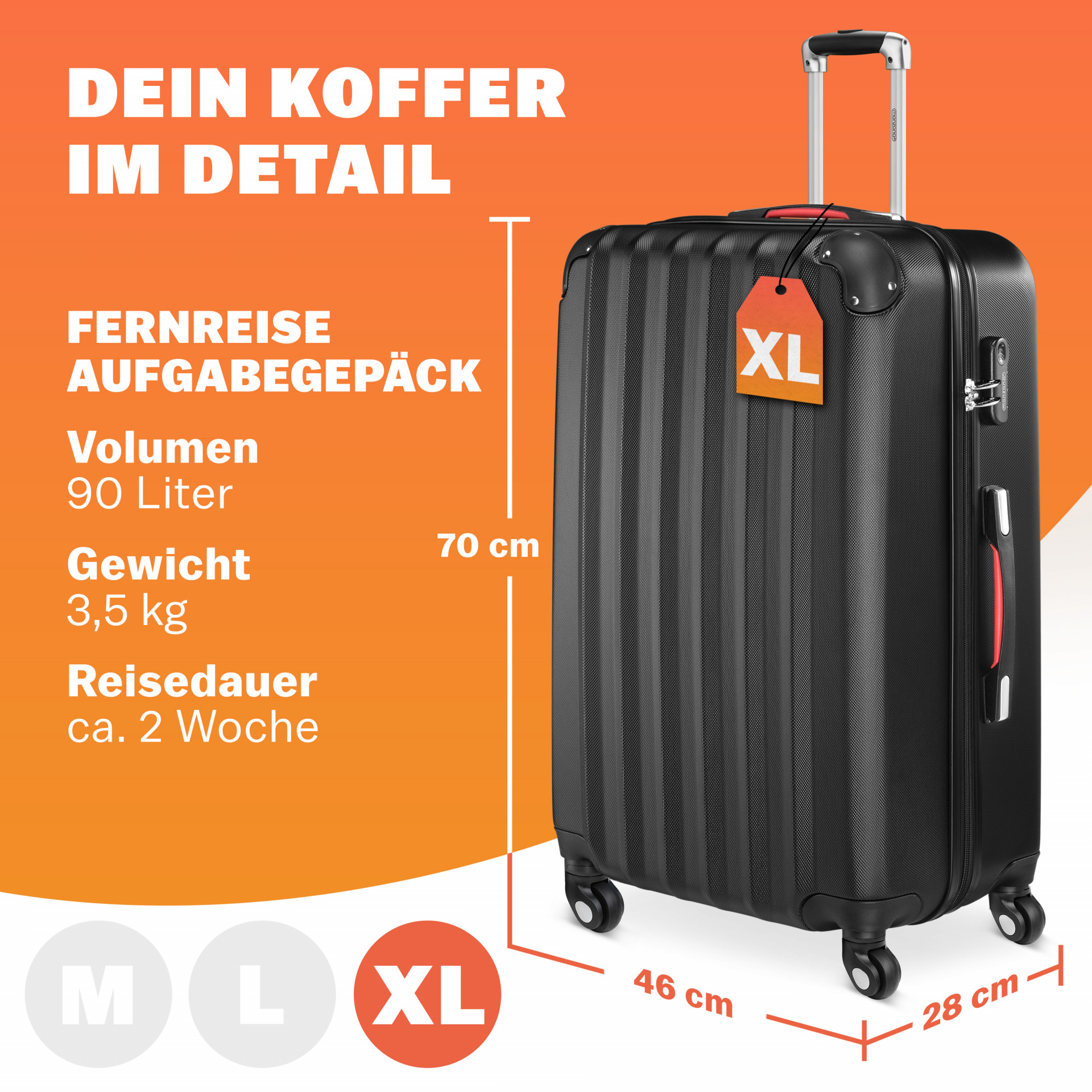 Hartschalenkoffer XL Rollen 360º Reisekoffer 90L Schwarz ABS