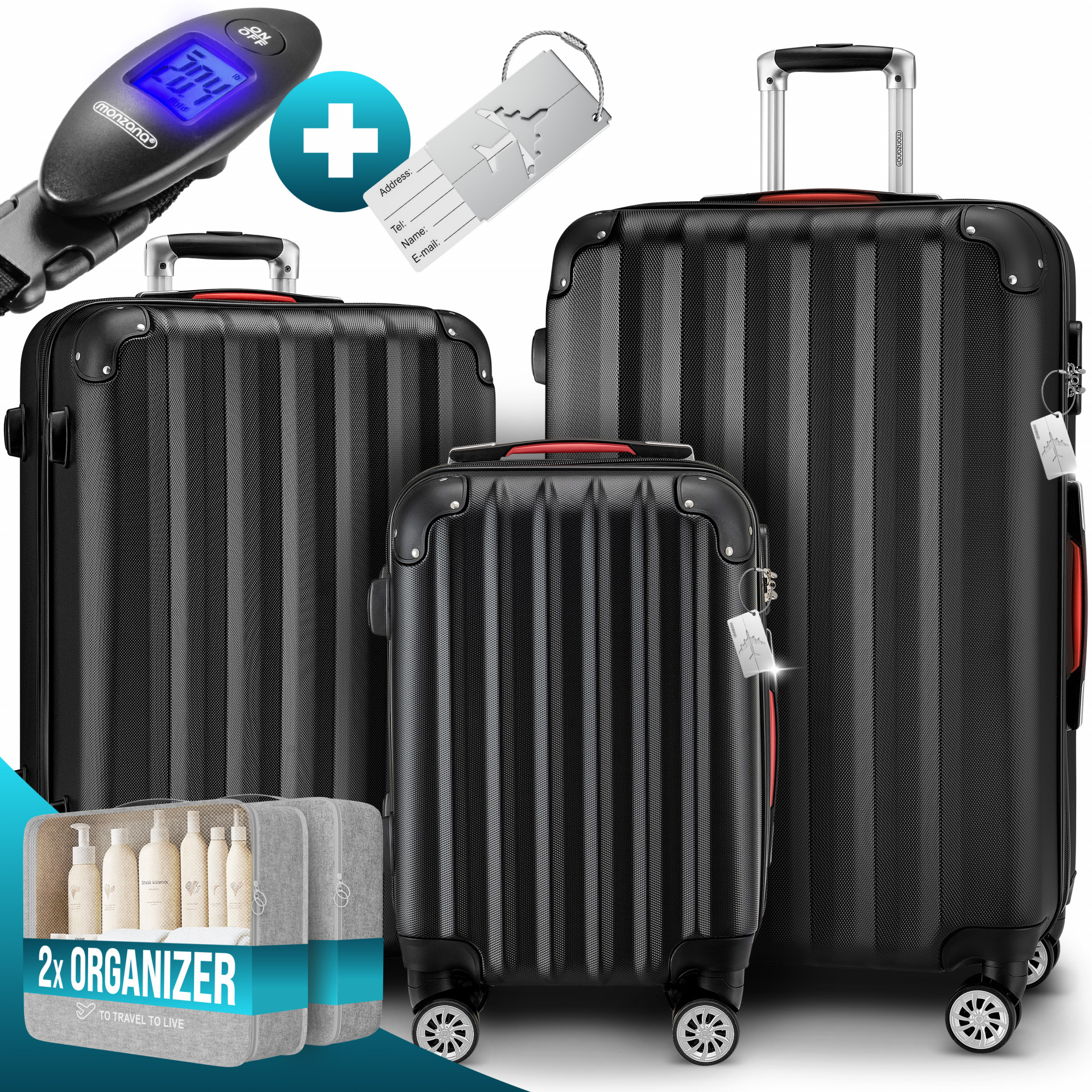 Hartschalenkoffer Set 3-tlg mit Zubehör Rollen 360º Schwarz ABS