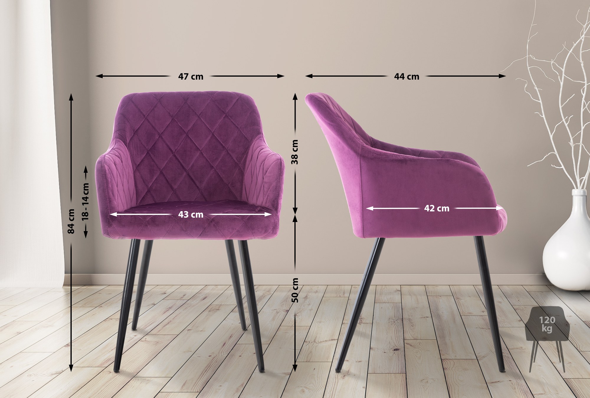 2er Set Esszimmerstuhl Shila Samt, lila