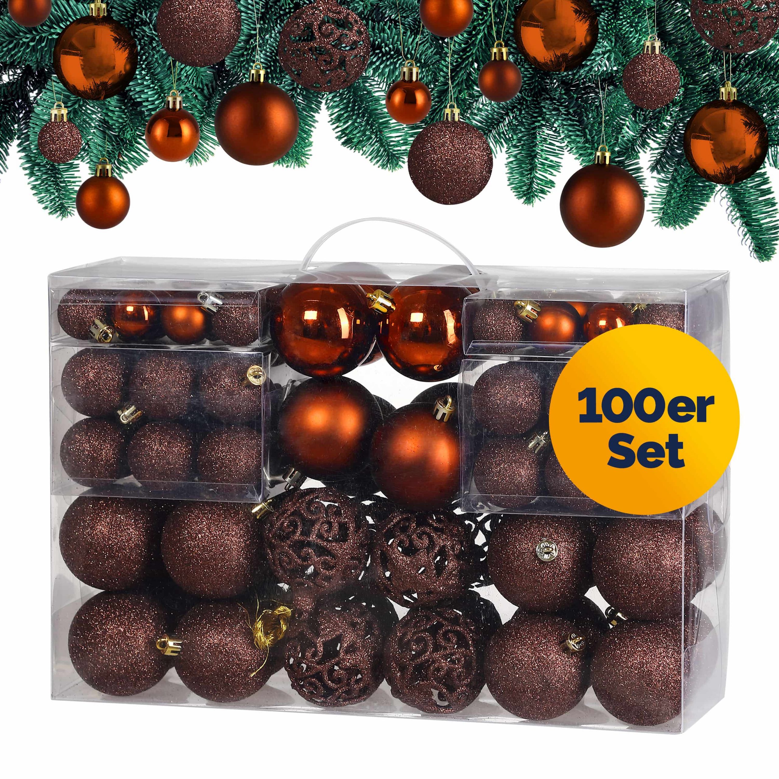 Weihnachtskugeln Bronze 100-tlg in matt, glänzend + glitzernd