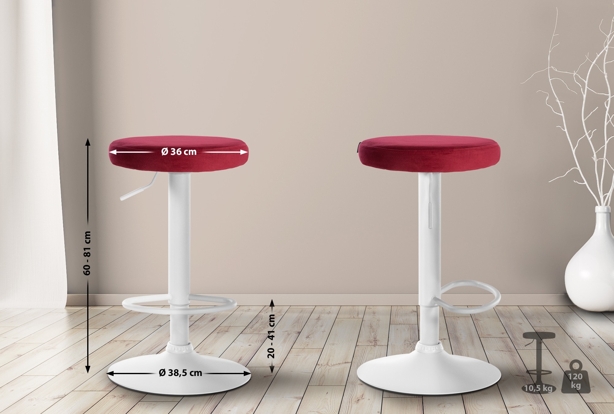 2er Set Barhocker Ponte Samt weiß, rot