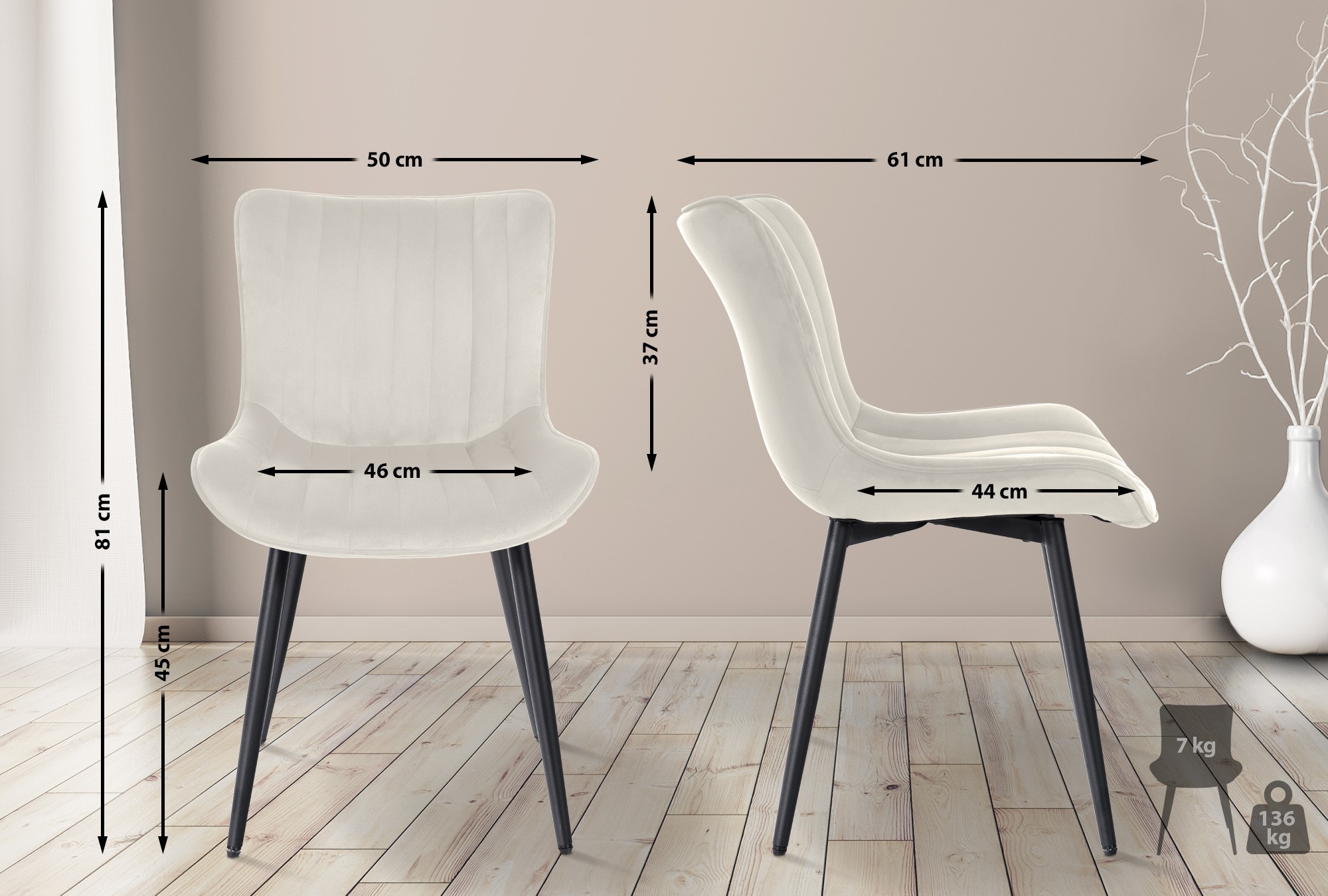 2er Set Stühle Largo Samt, creme