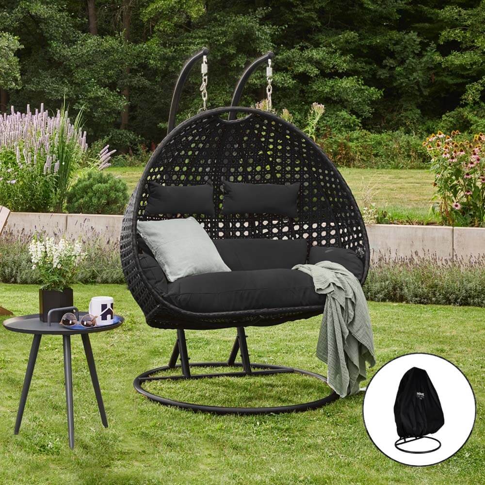 Polyrattan Hängesessel mit Regenabdeckung TWIN - Schwarz für 2 Personen