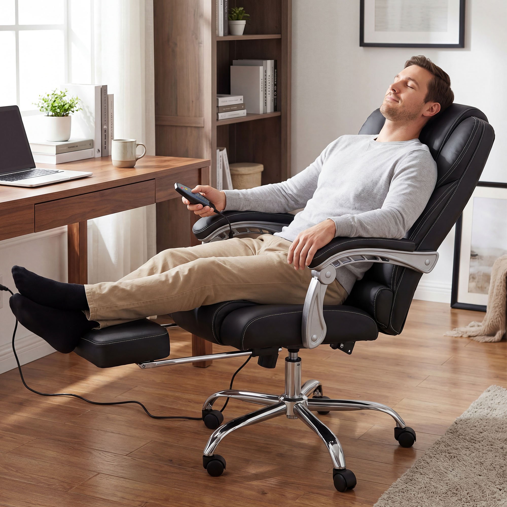 Bürostuhl Pacific Echtleder mit Massagefunktion, schwarz