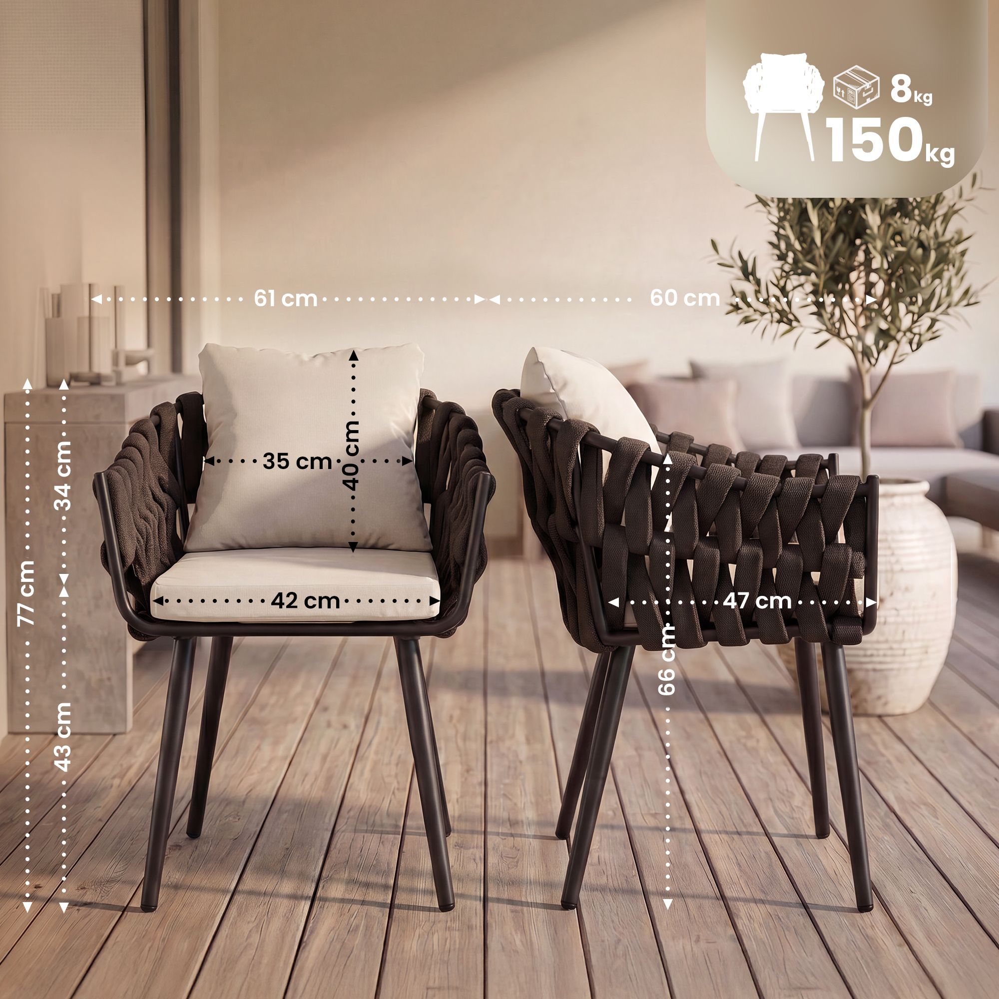 Gartenstuhl Naxos Taupe mit Sitzkissen, creme