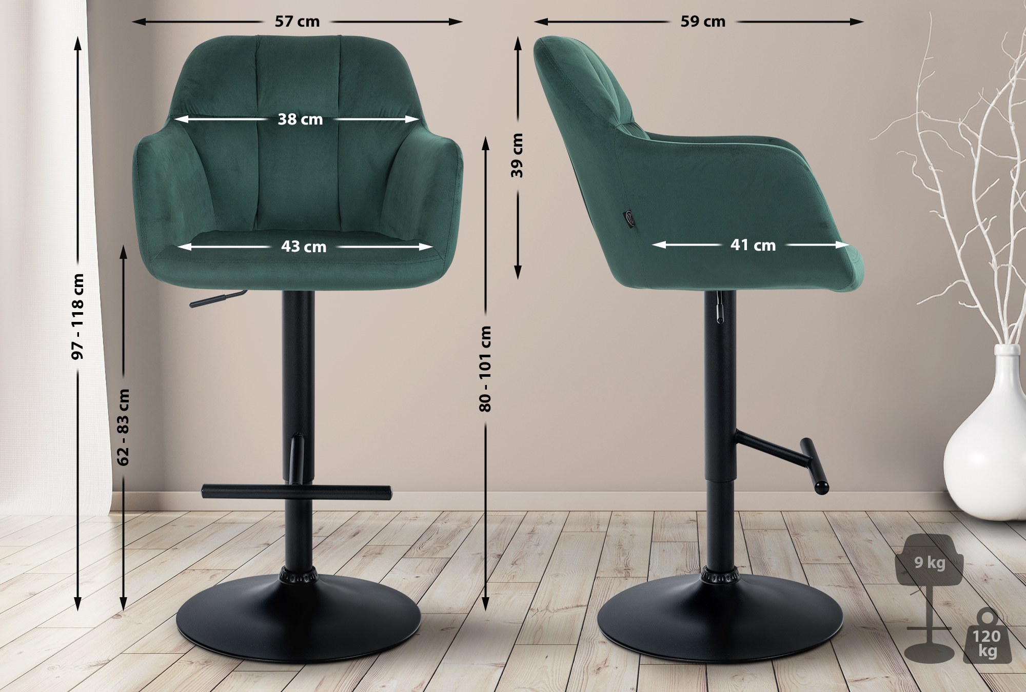 Barhocker Natoma Samt schwarz, grün