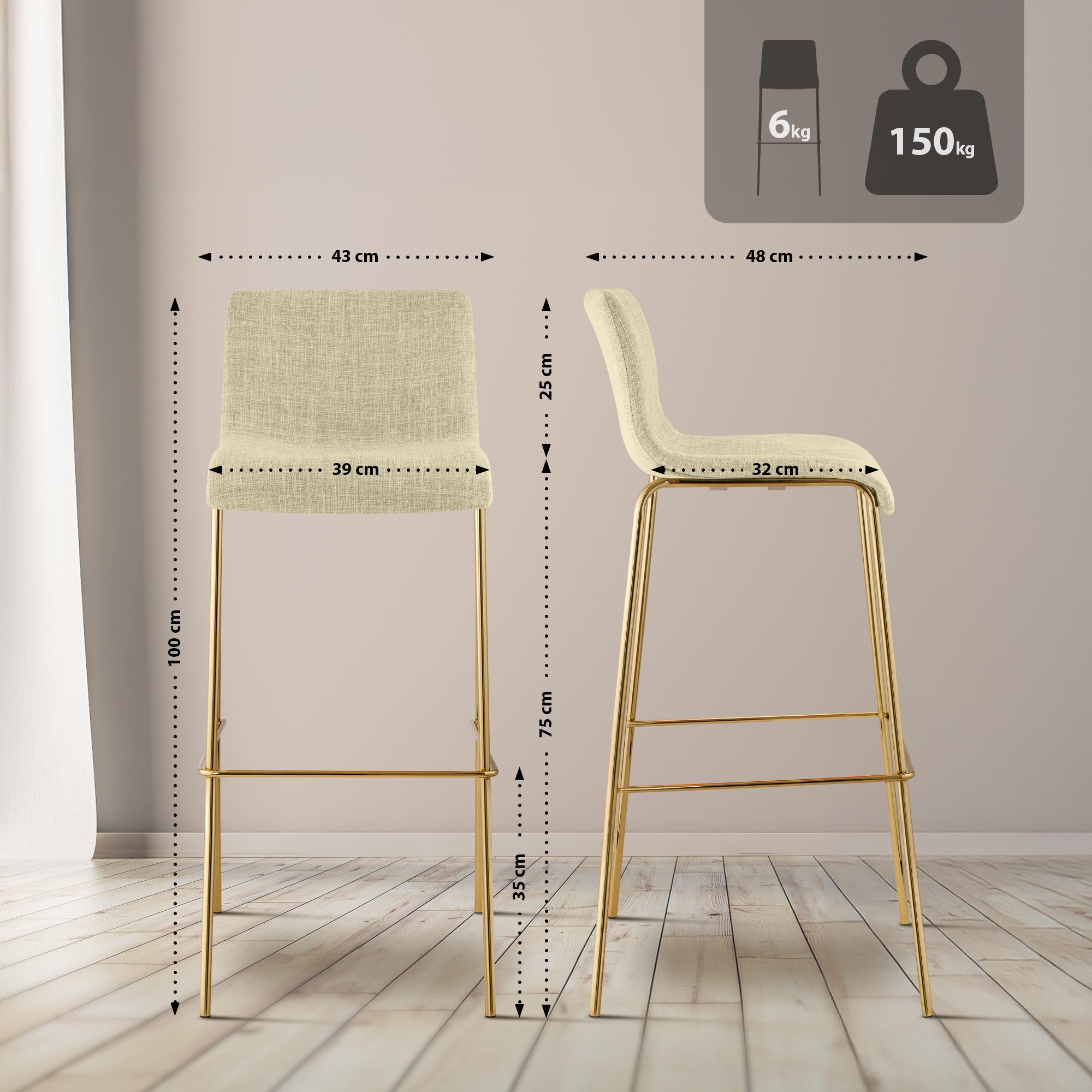 2er Set Barhocker Hoover Stoff 4-Fuß Gold, creme